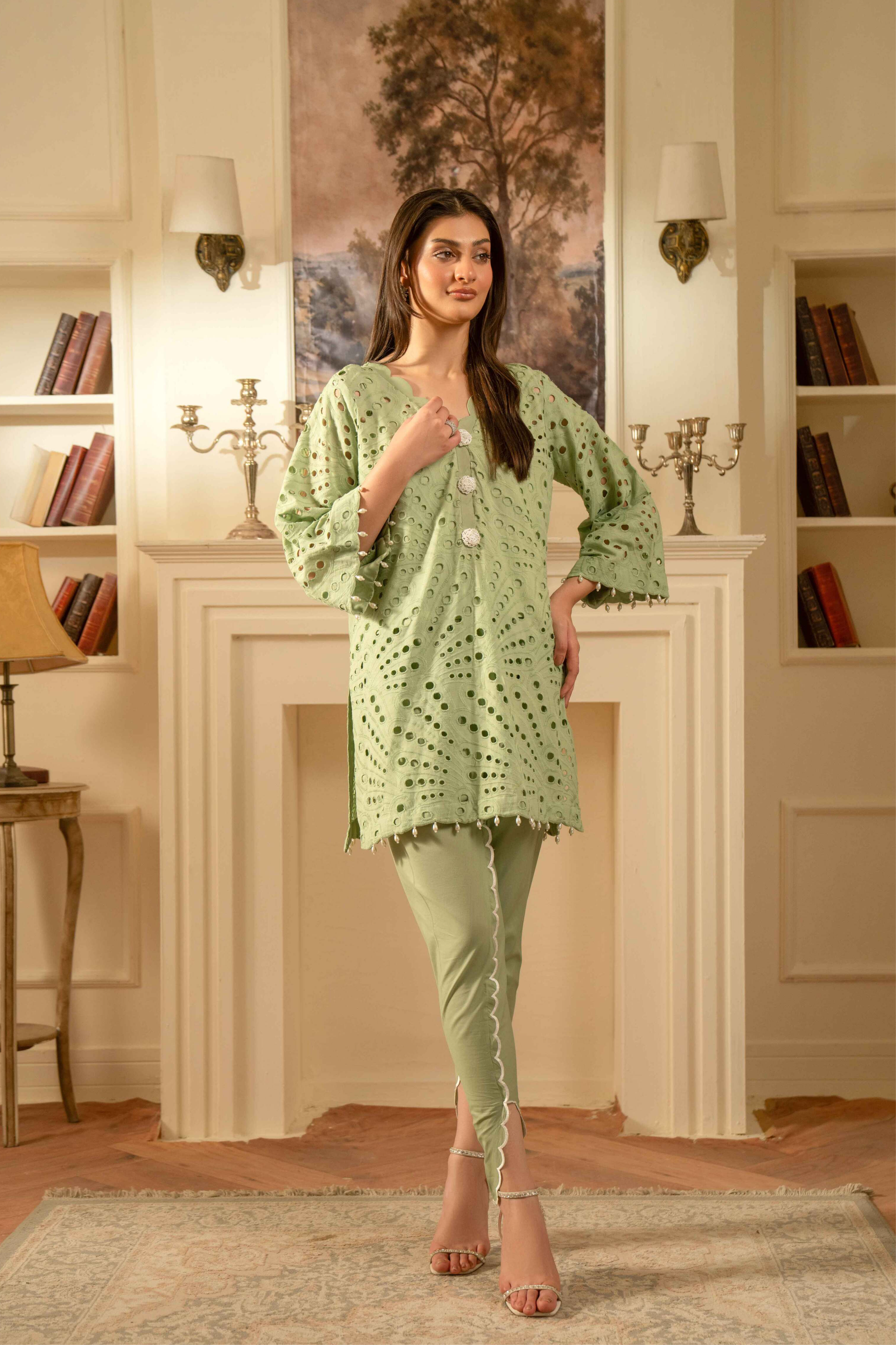 PASTEL GREEN CHIKANKARI SET