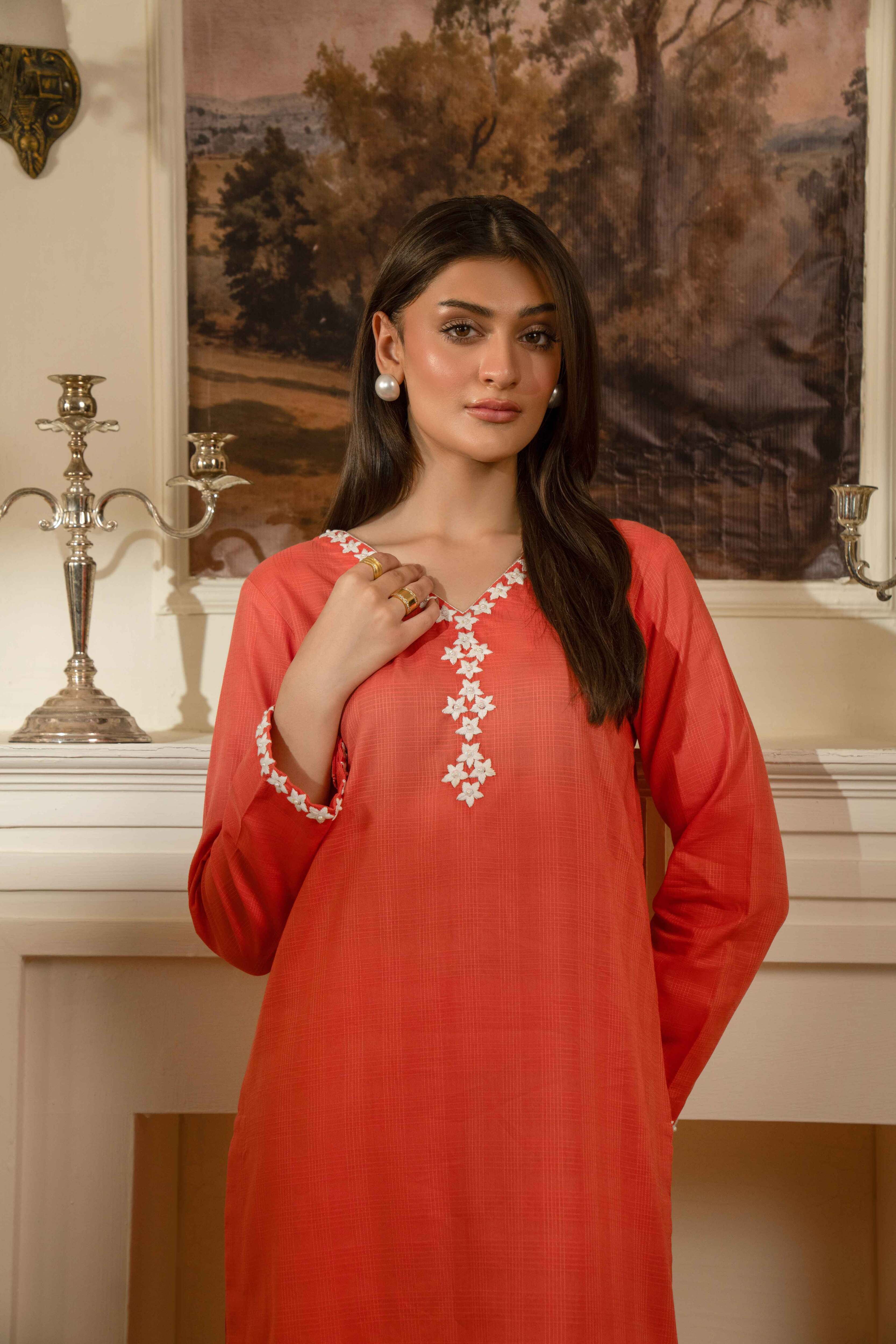 PEACH & IVORY HAND EMBROIDERED SIGNATURE 2-PIECE SET