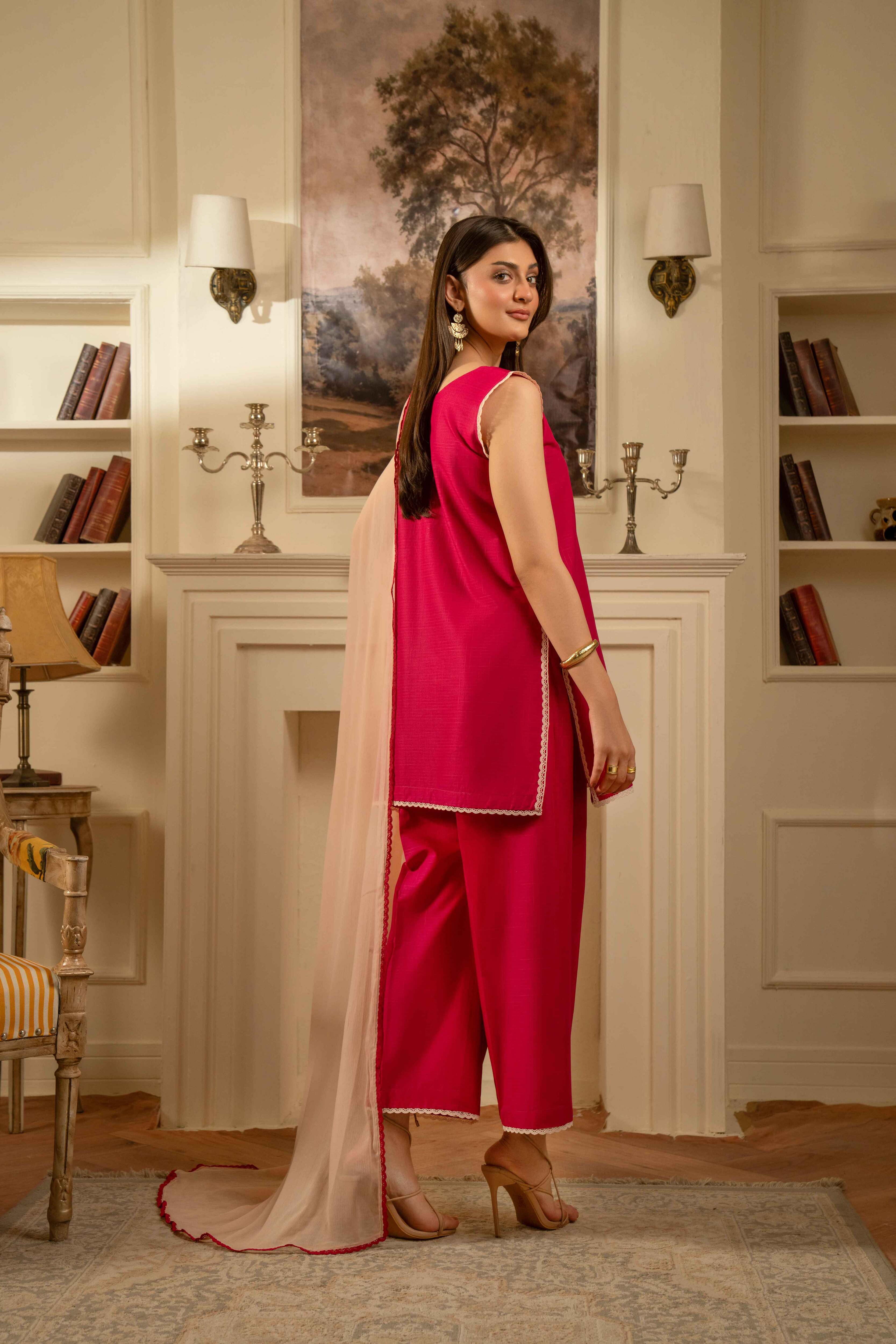 HOT PINK COTTON JACQUARD SLEEVELESS SET