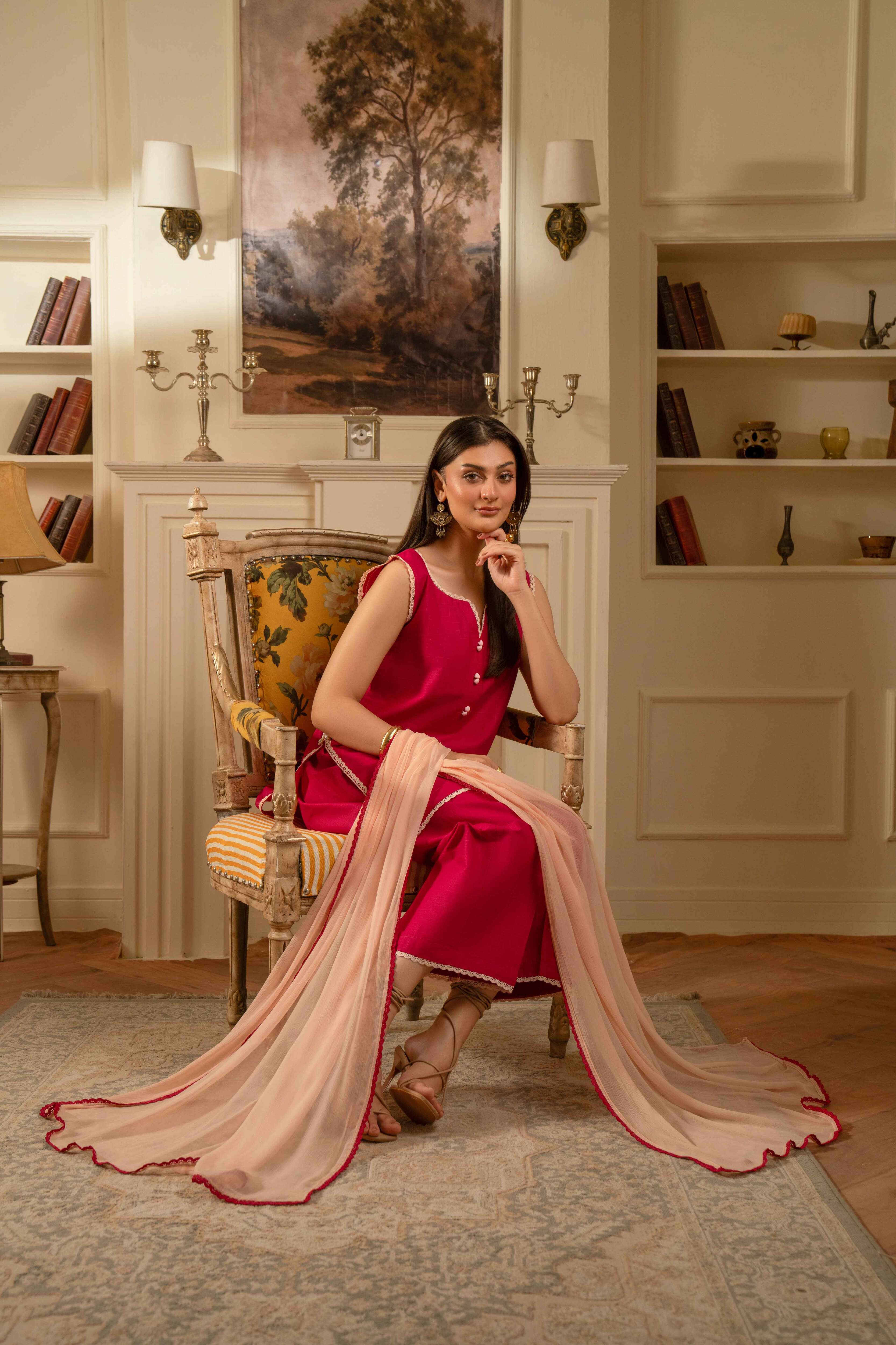 HOT PINK COTTON JACQUARD SLEEVELESS SET