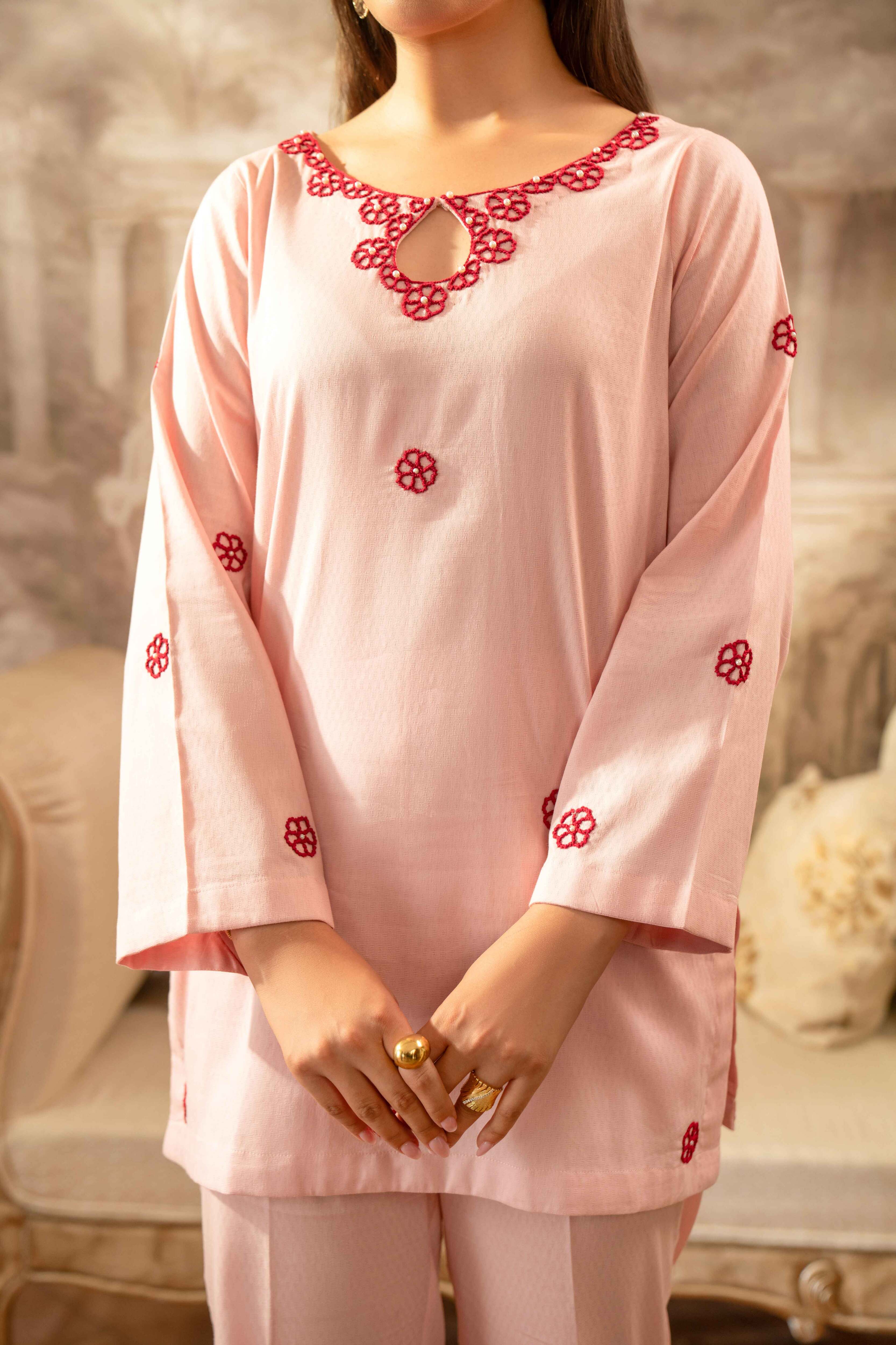 PASTEL PINK HAND EMBROIDERED SIGNATURE 2-PIECE SET
