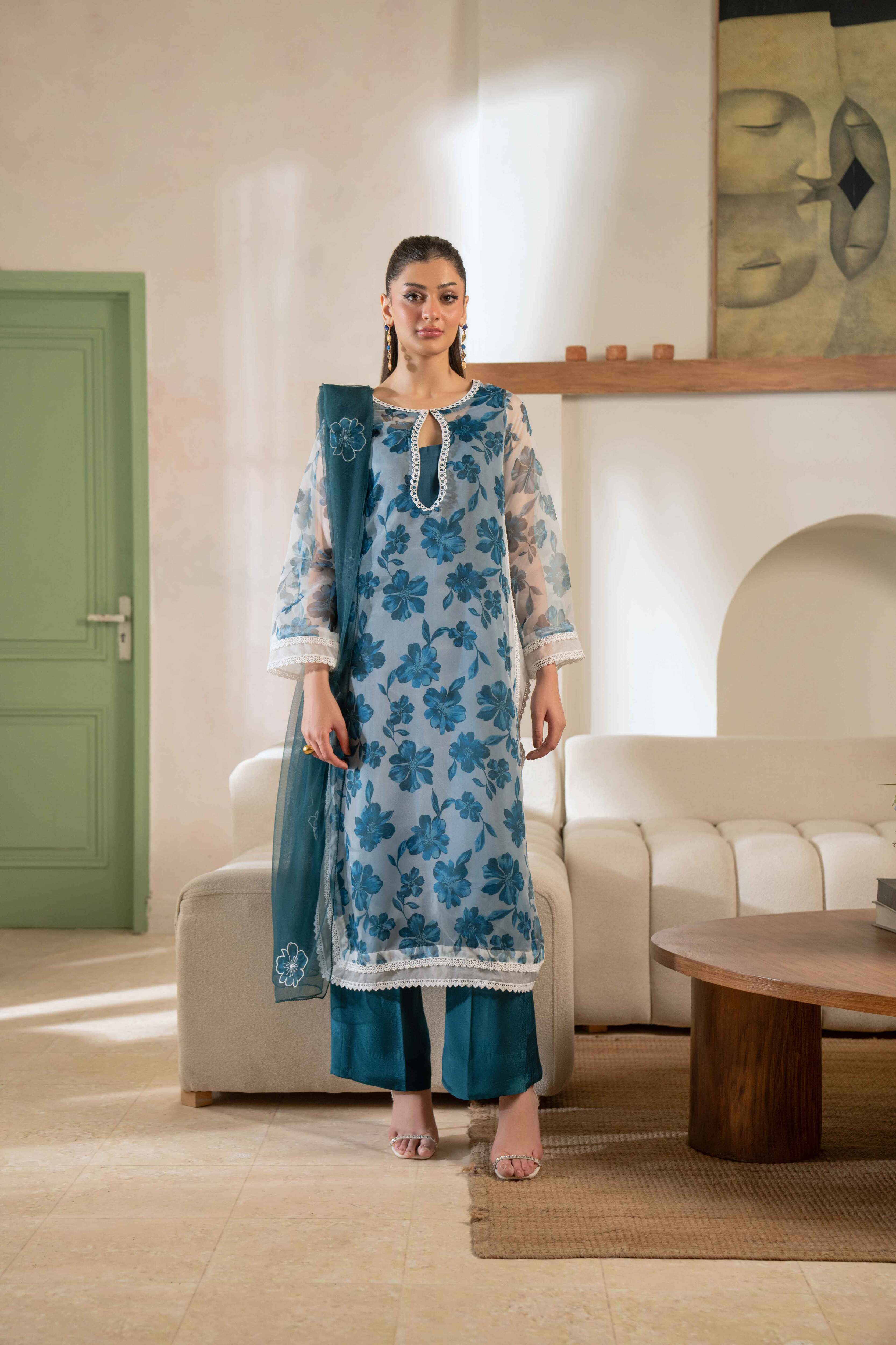 TEAL FLORAL PRINTED ORGANZA SET