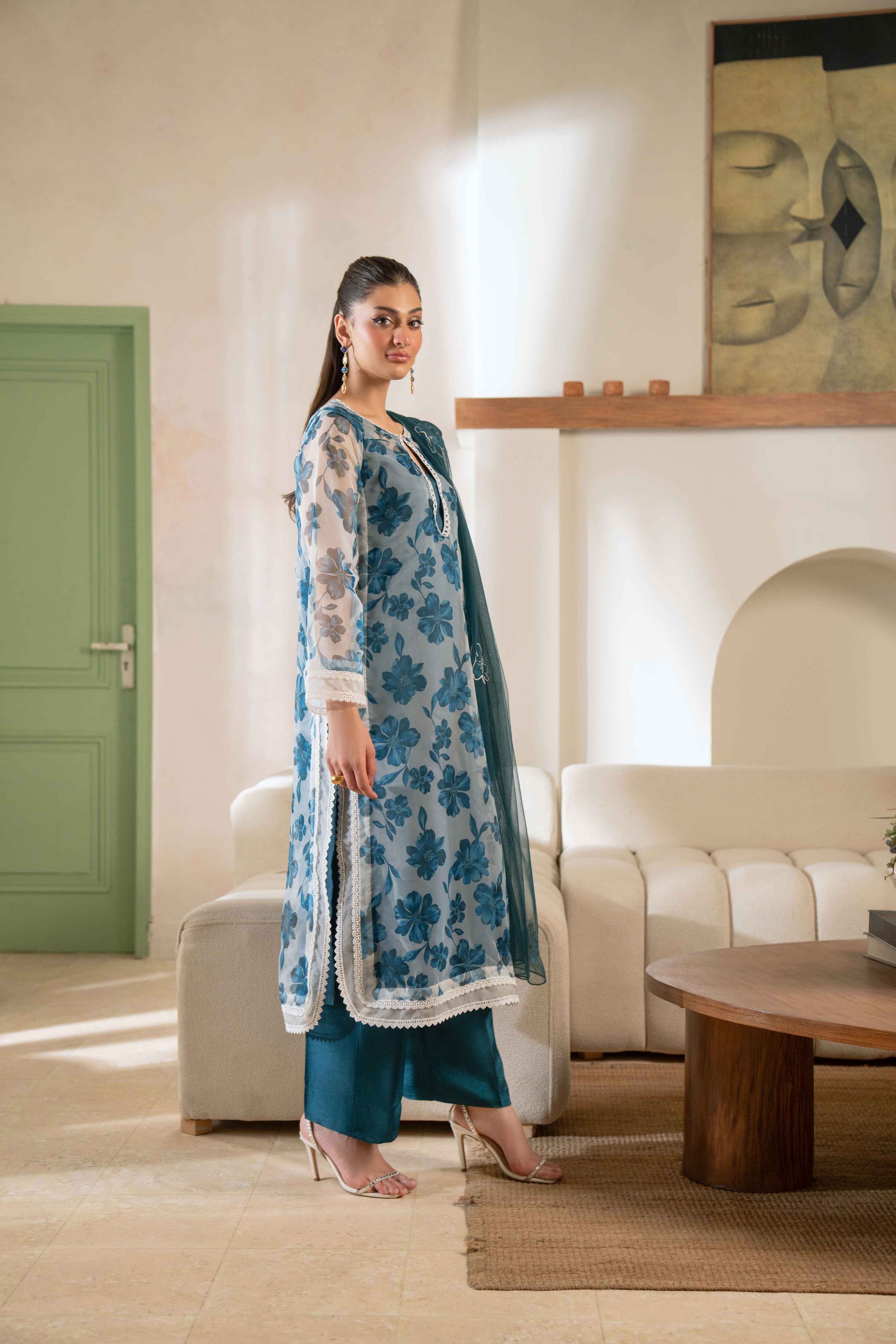 TEAL FLORAL PRINTED ORGANZA SET