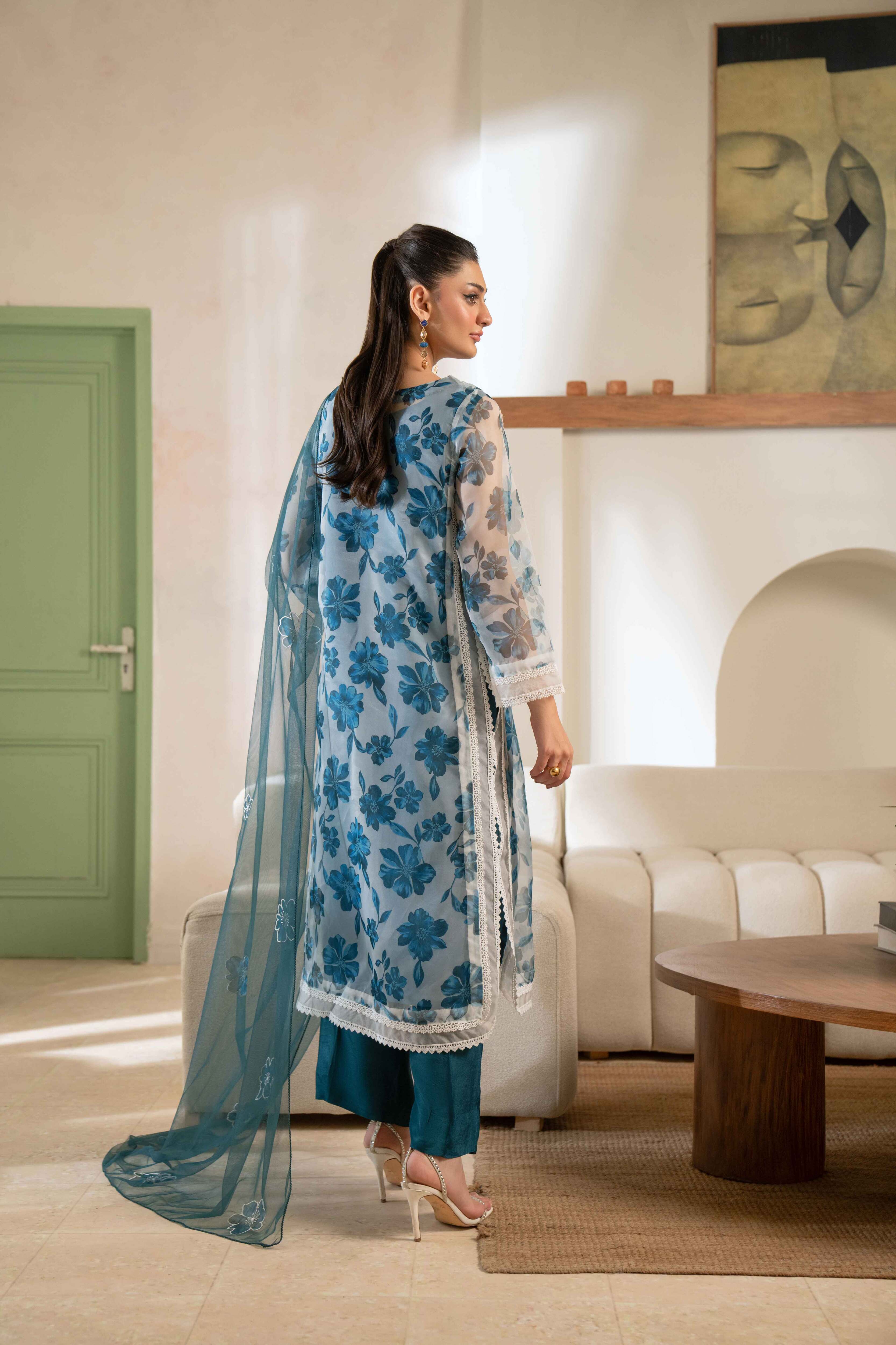TEAL FLORAL PRINTED ORGANZA SET