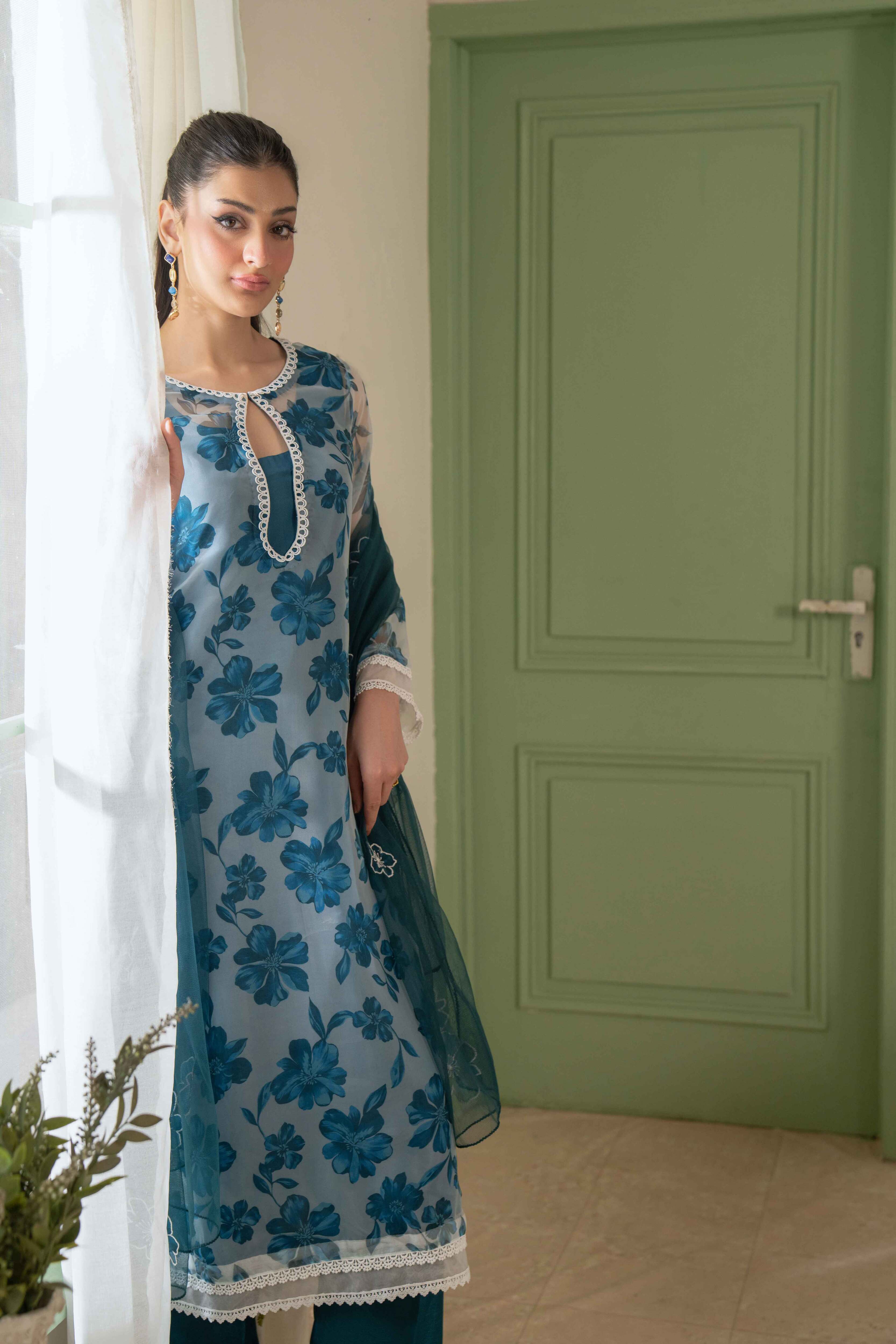 TEAL FLORAL PRINTED ORGANZA SET
