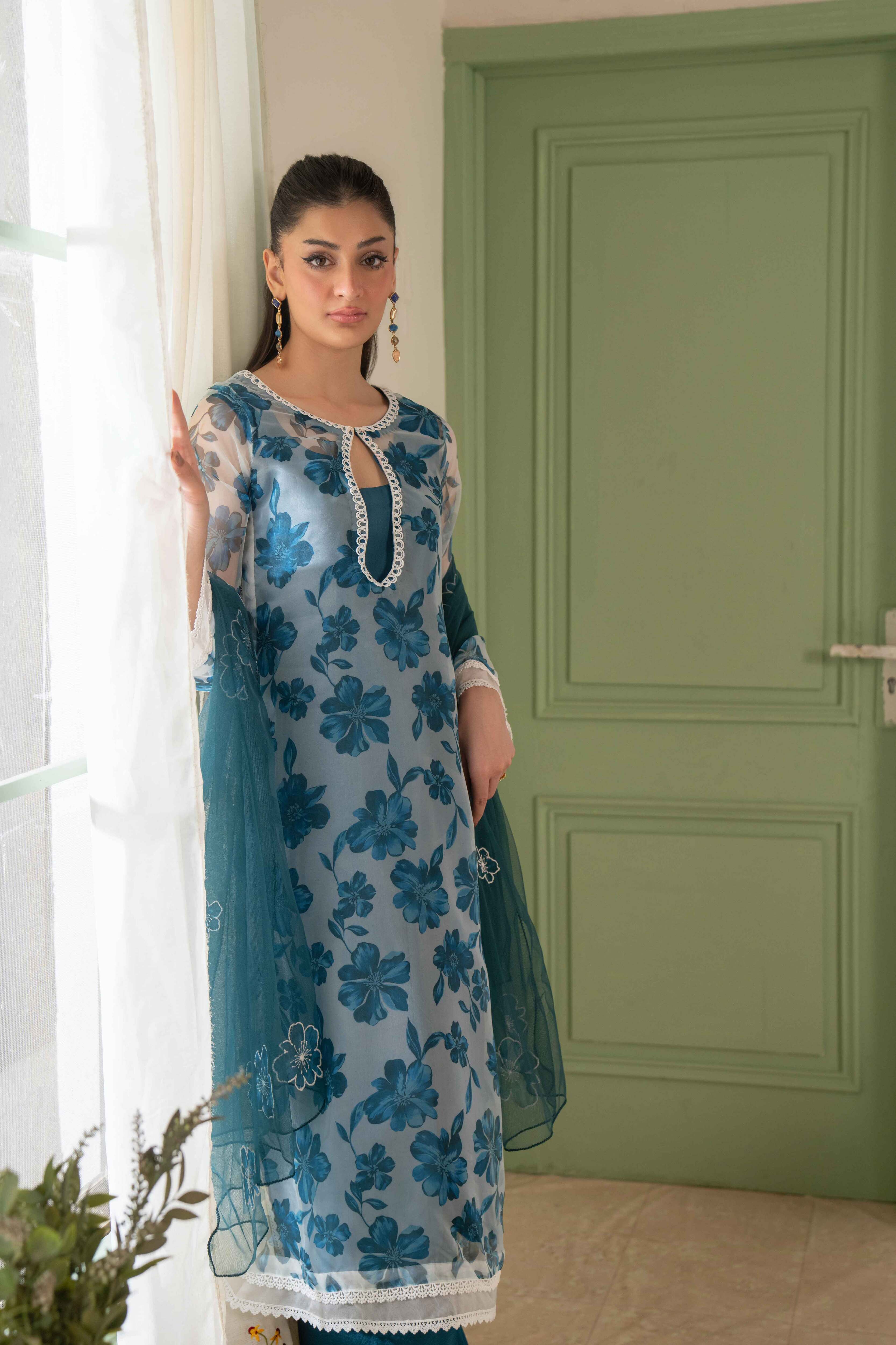 TEAL FLORAL PRINTED ORGANZA SET