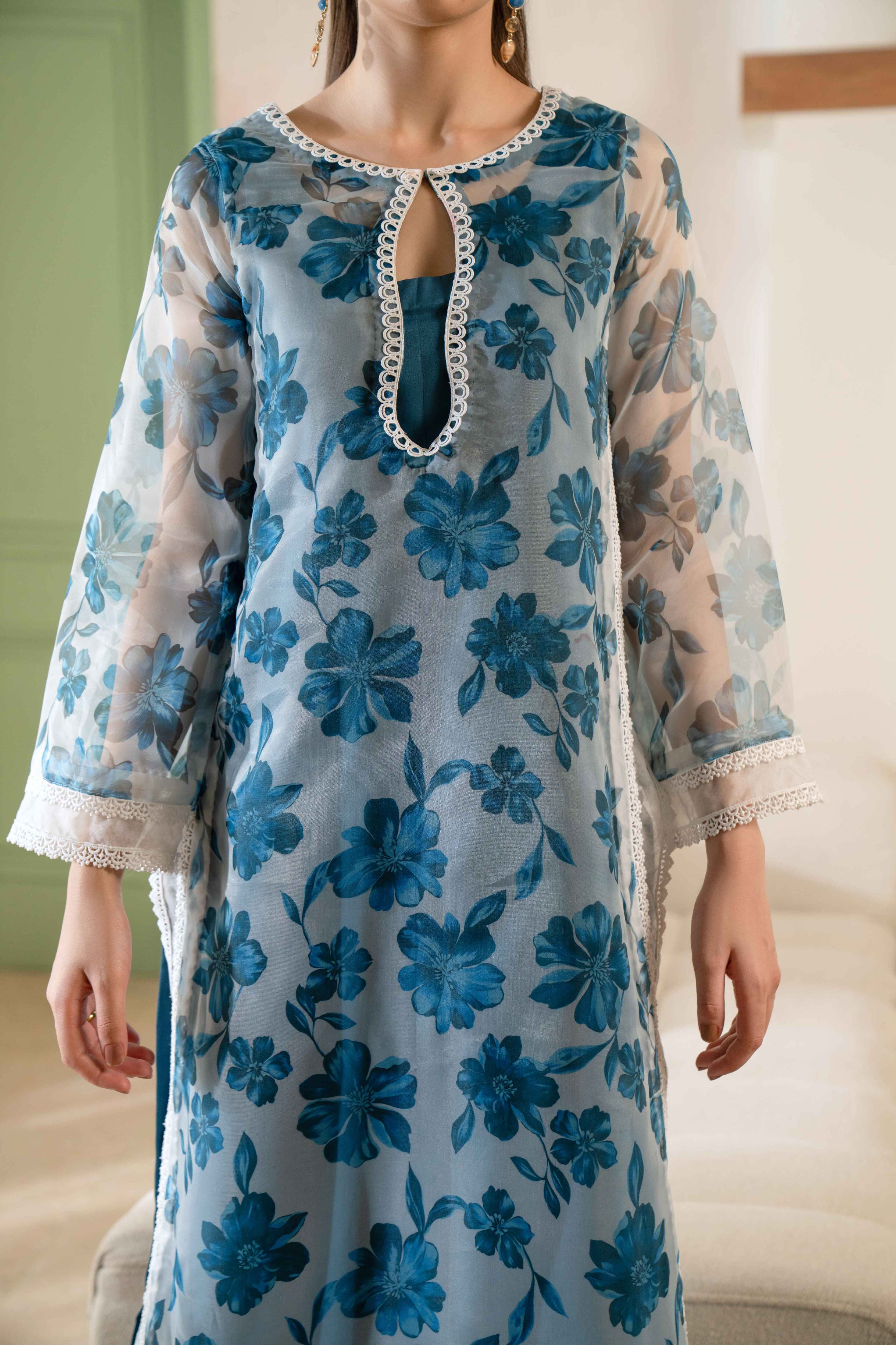 TEAL FLORAL PRINTED ORGANZA SET