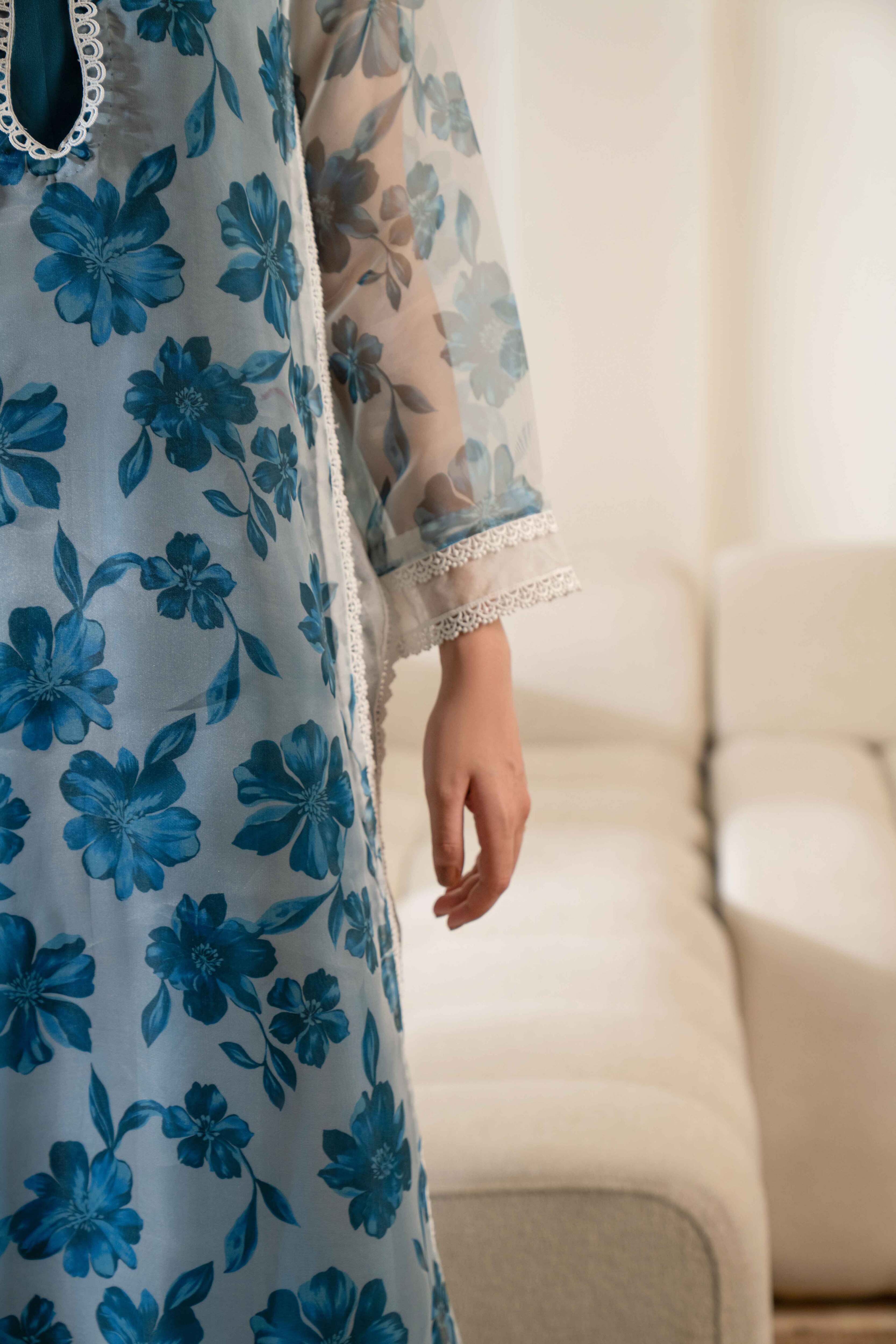 TEAL FLORAL PRINTED ORGANZA SET