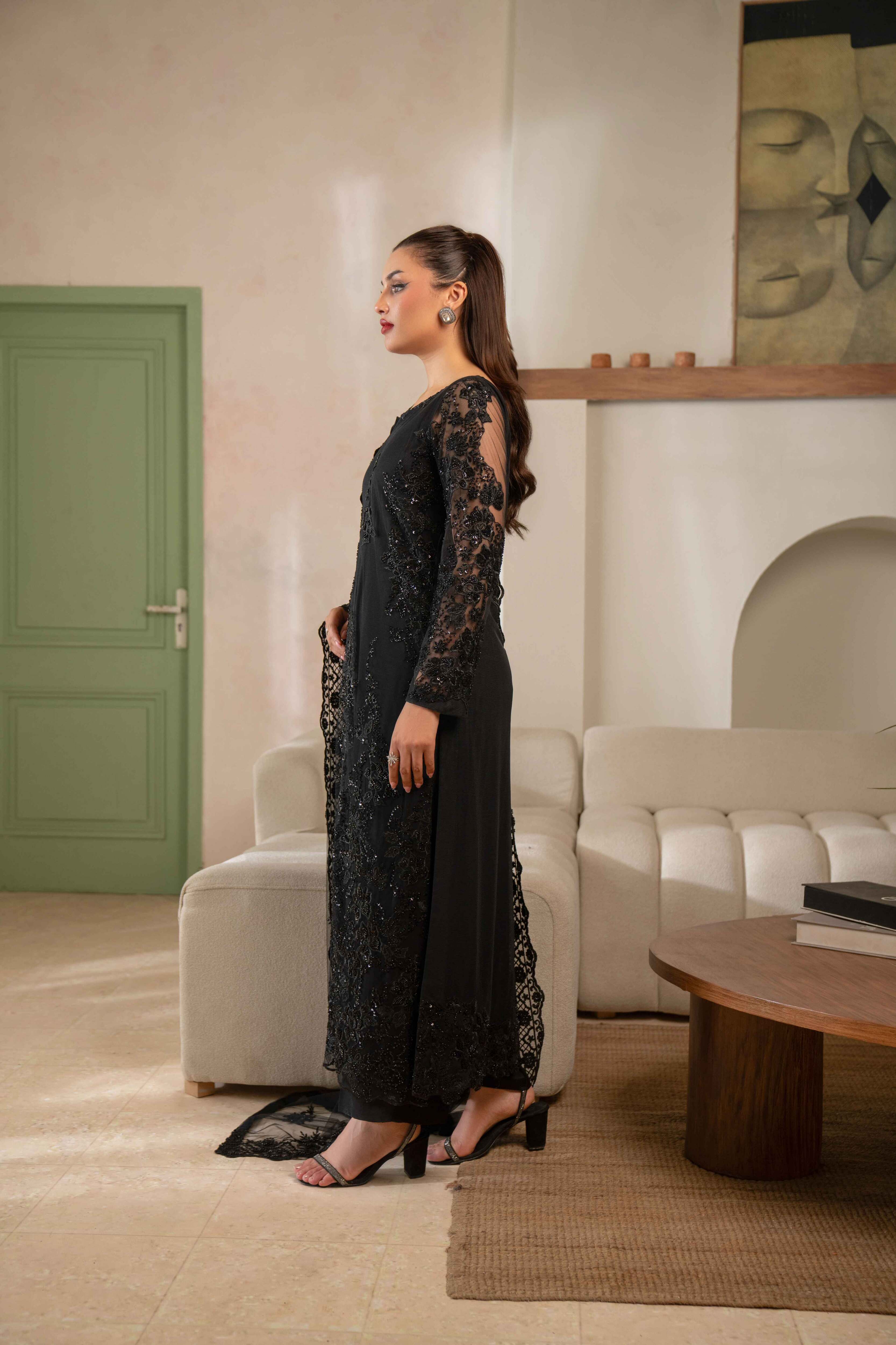 BLACK EMBELLISHED NET SET