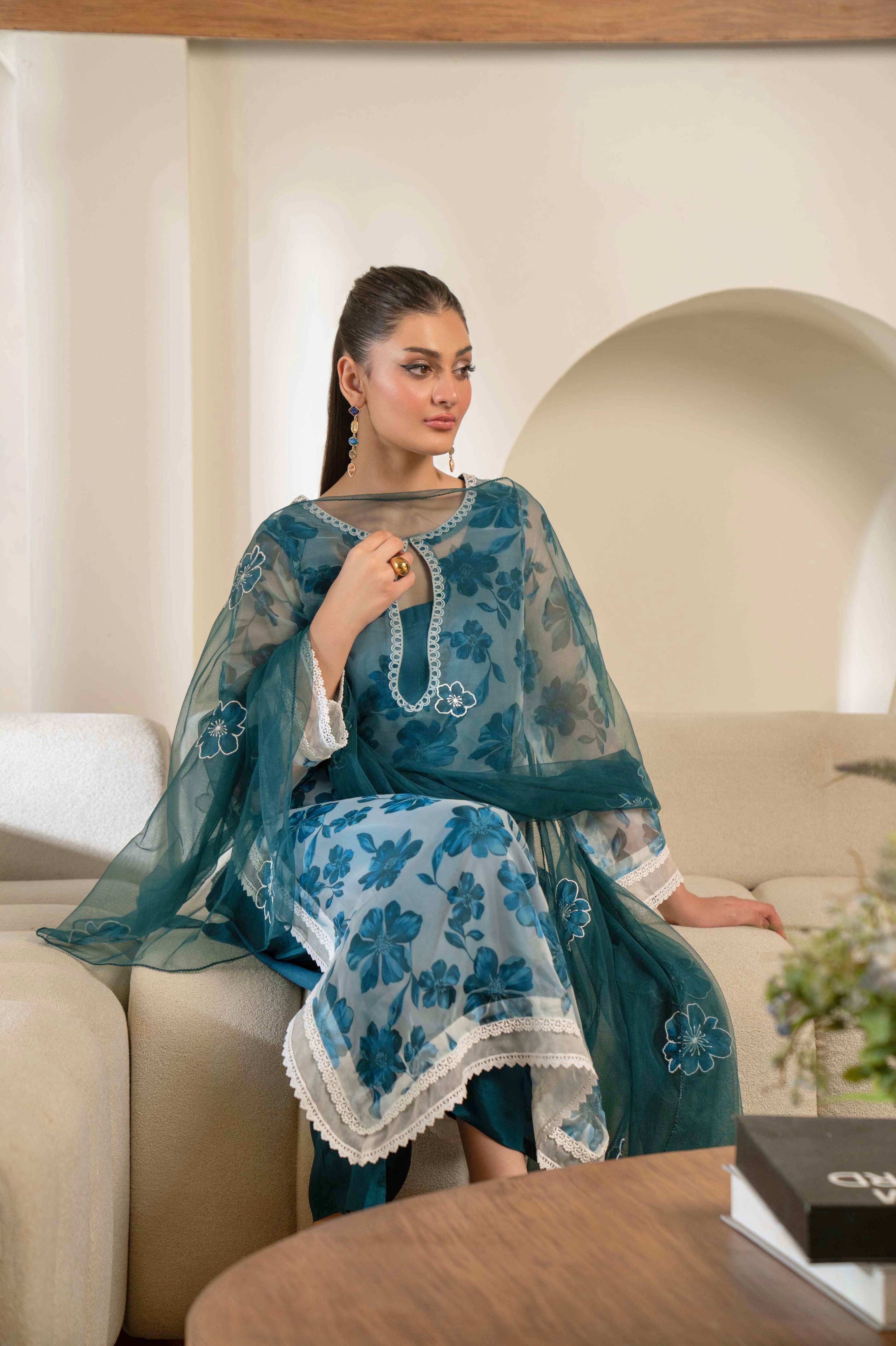 TEAL FLORAL PRINTED ORGANZA SET