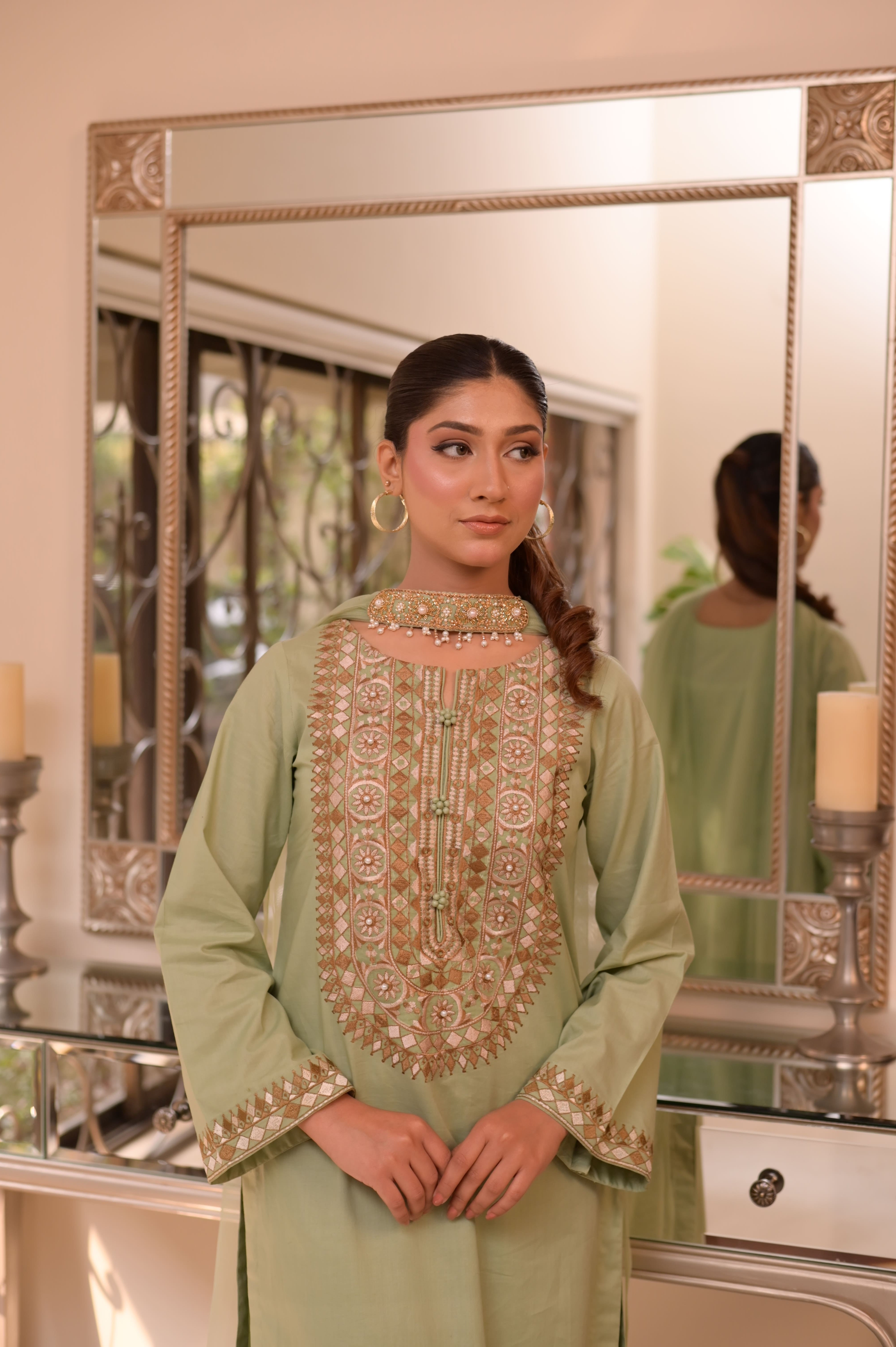 PISTACHIO EMBROIDERED COTTON 3-PC SET