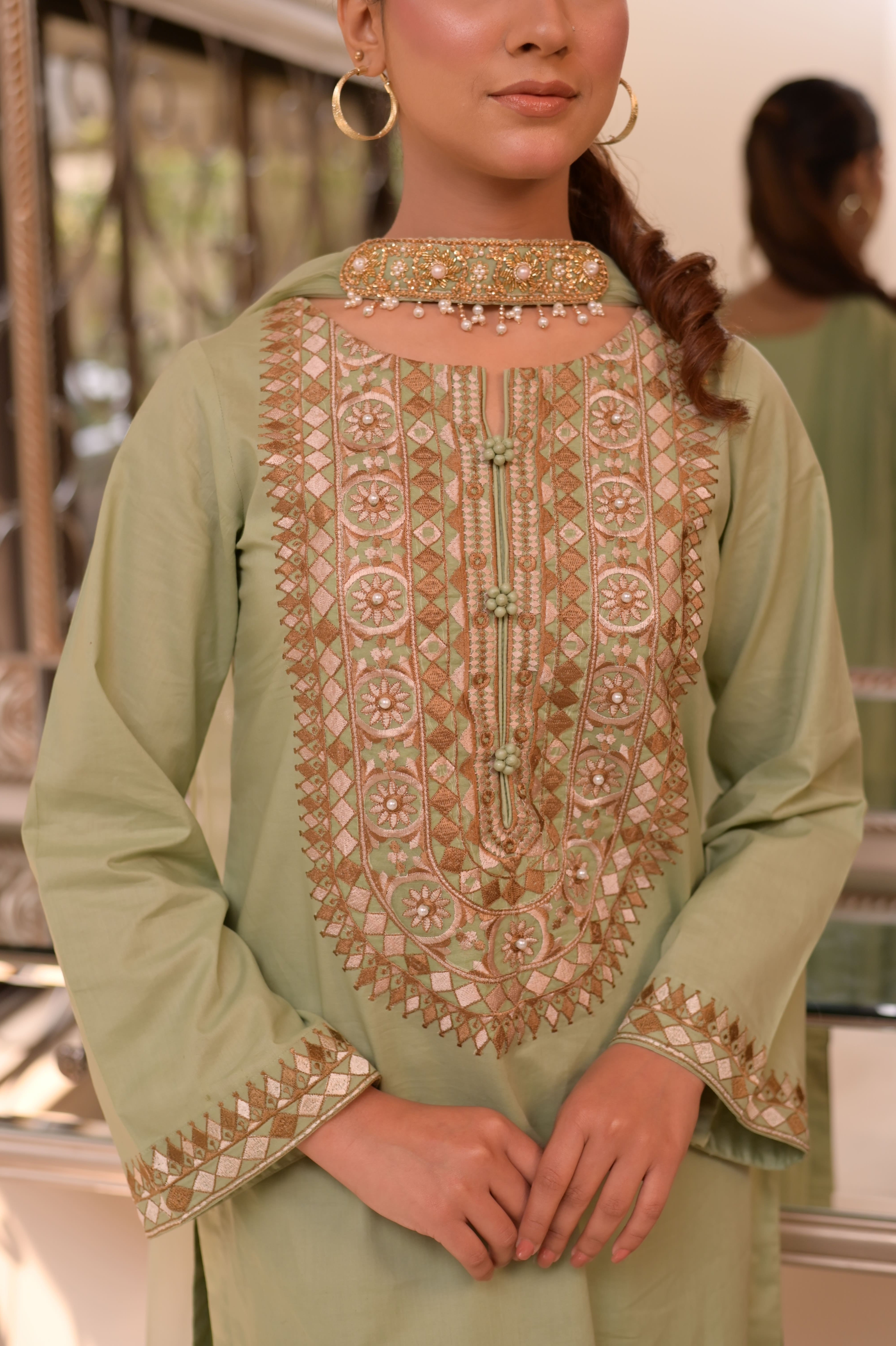 PISTACHIO EMBROIDERED COTTON 3-PC SET
