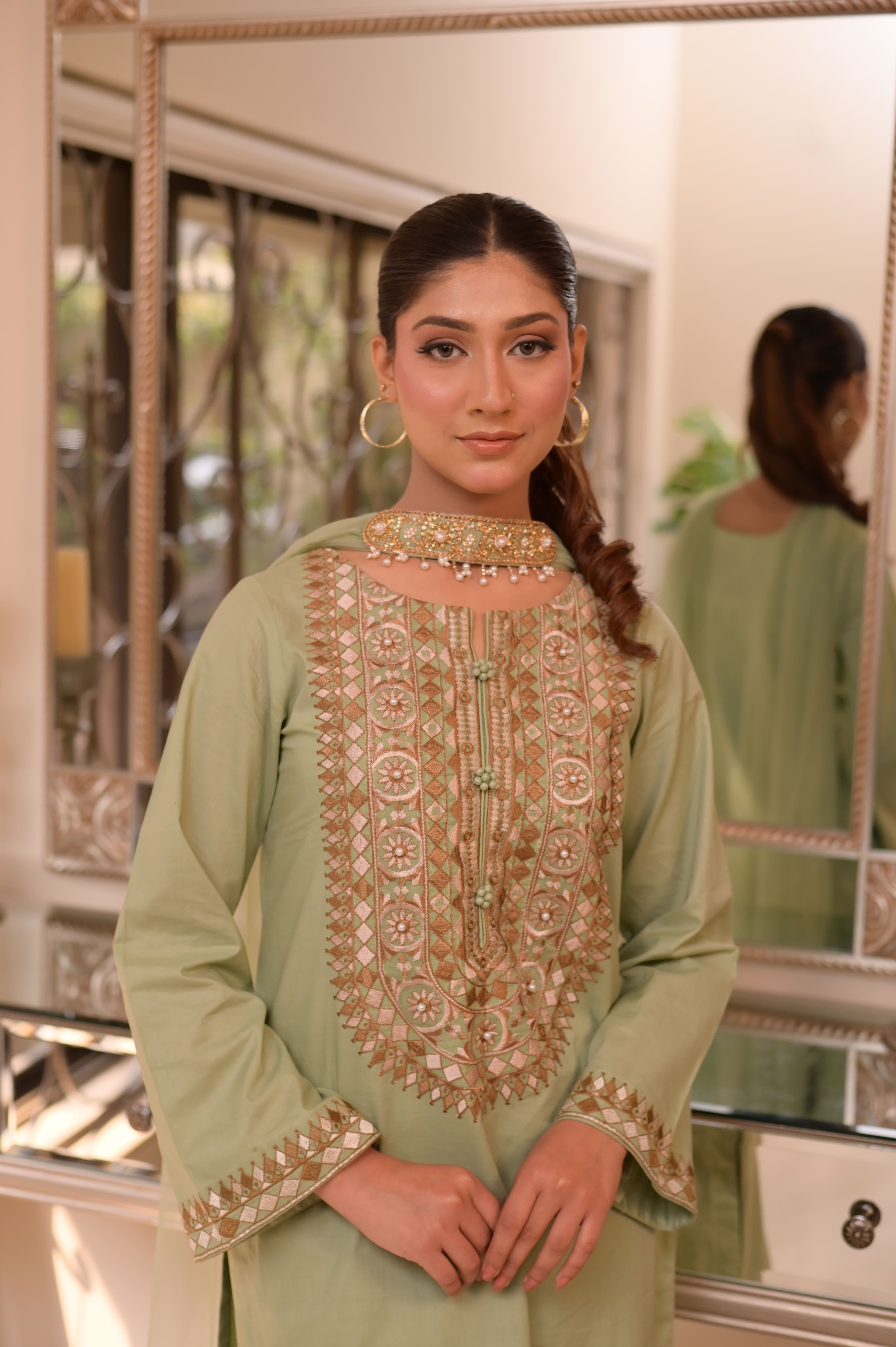 PISTACHIO EMBROIDERED COTTON 3-PC SET