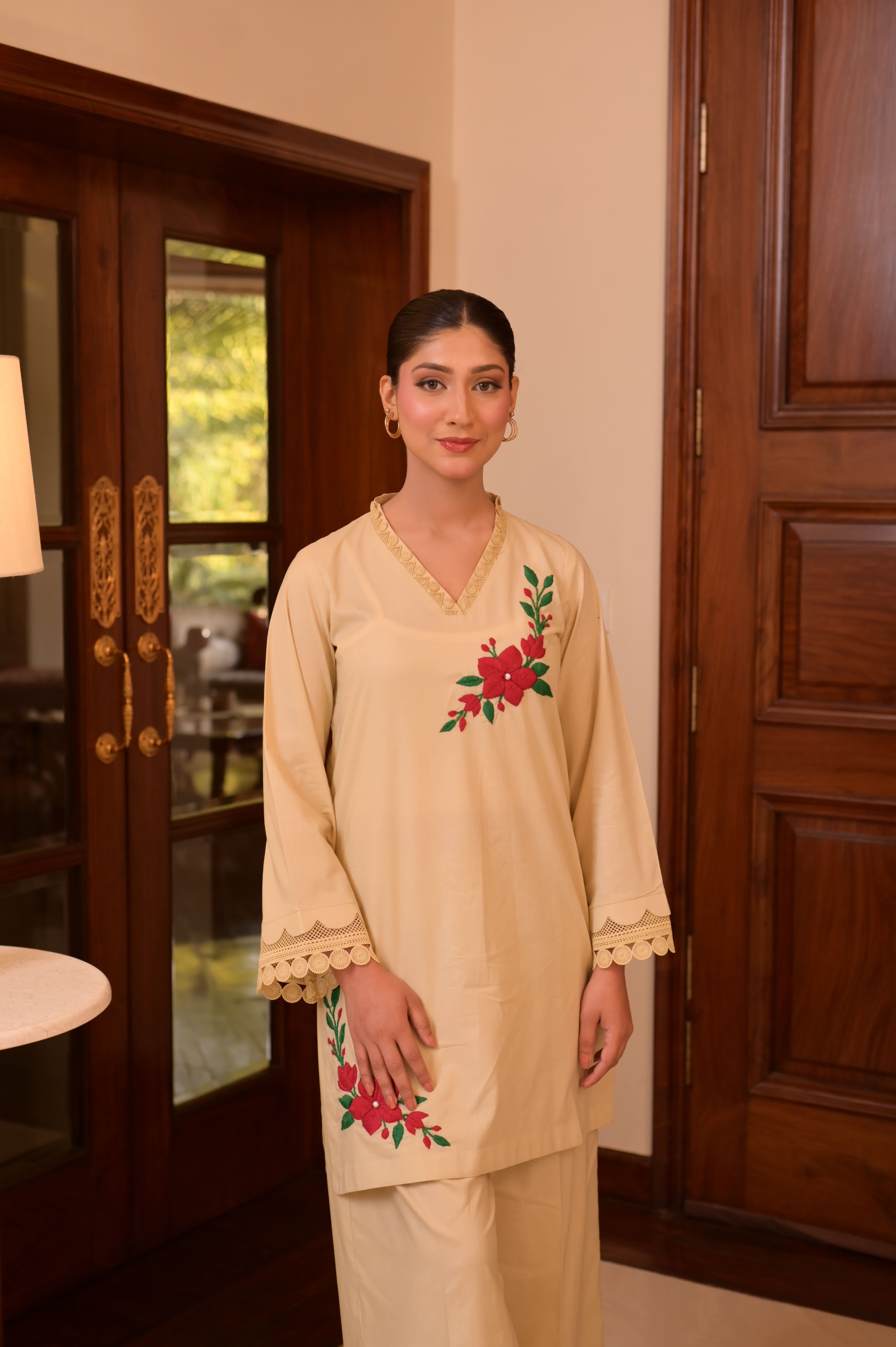 Soft Almond HAND-EMBROIDERED COTTON JACQUARD 2-PC SET