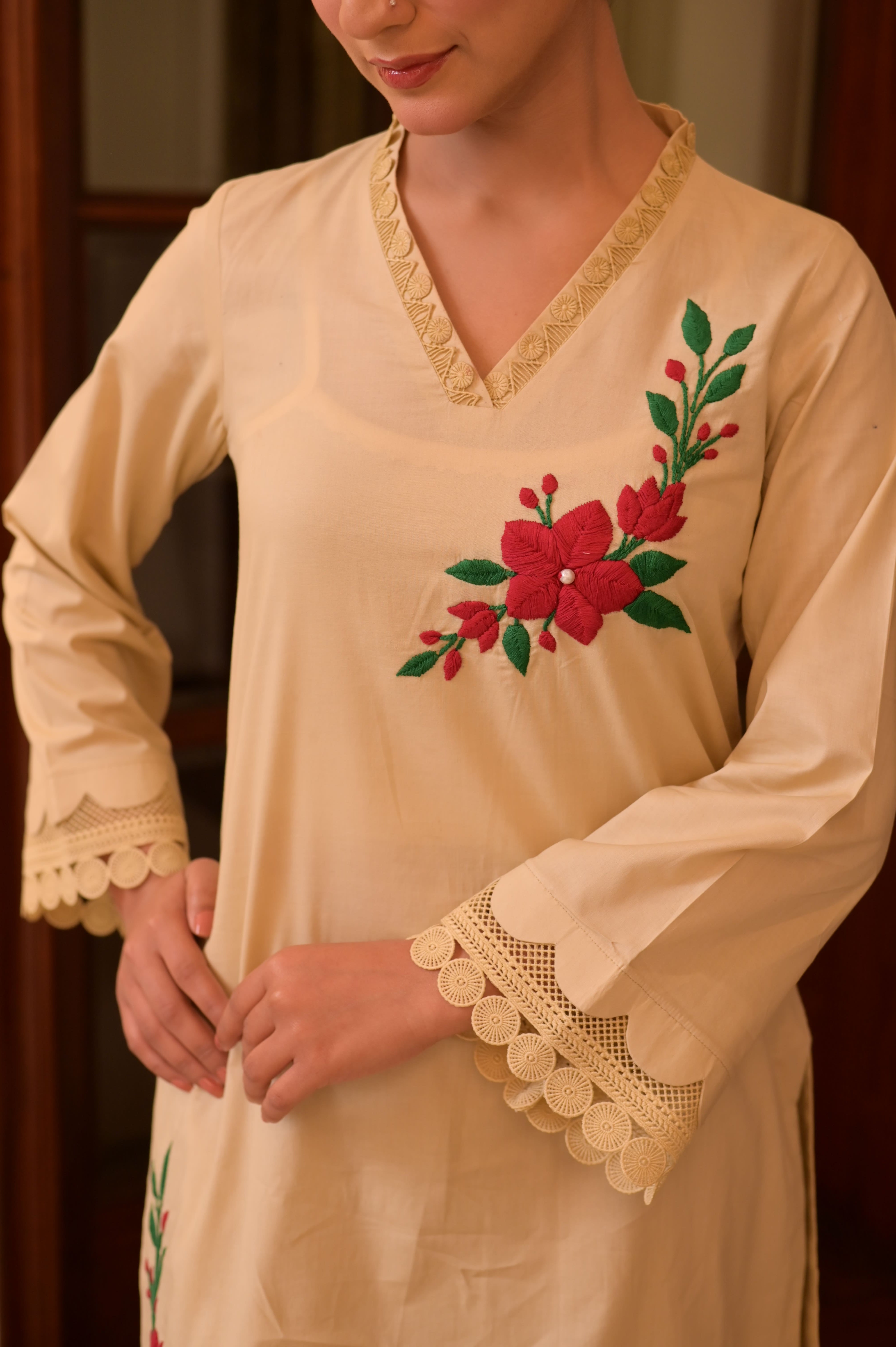 Soft Almond HAND-EMBROIDERED COTTON JACQUARD 2-PC SET