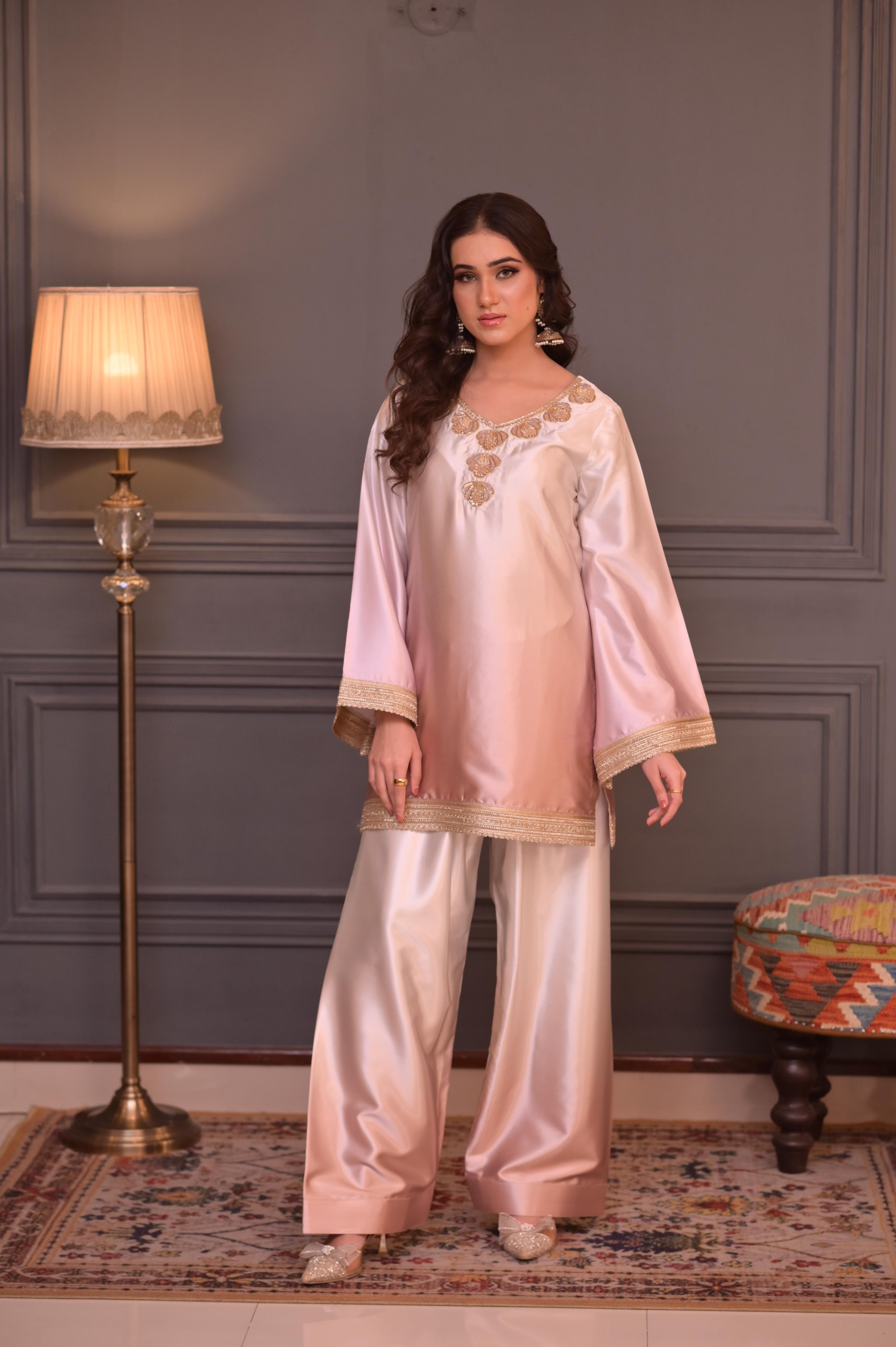 Blush Gold Ombré Silk Hand-Embellished 3-Pc Set