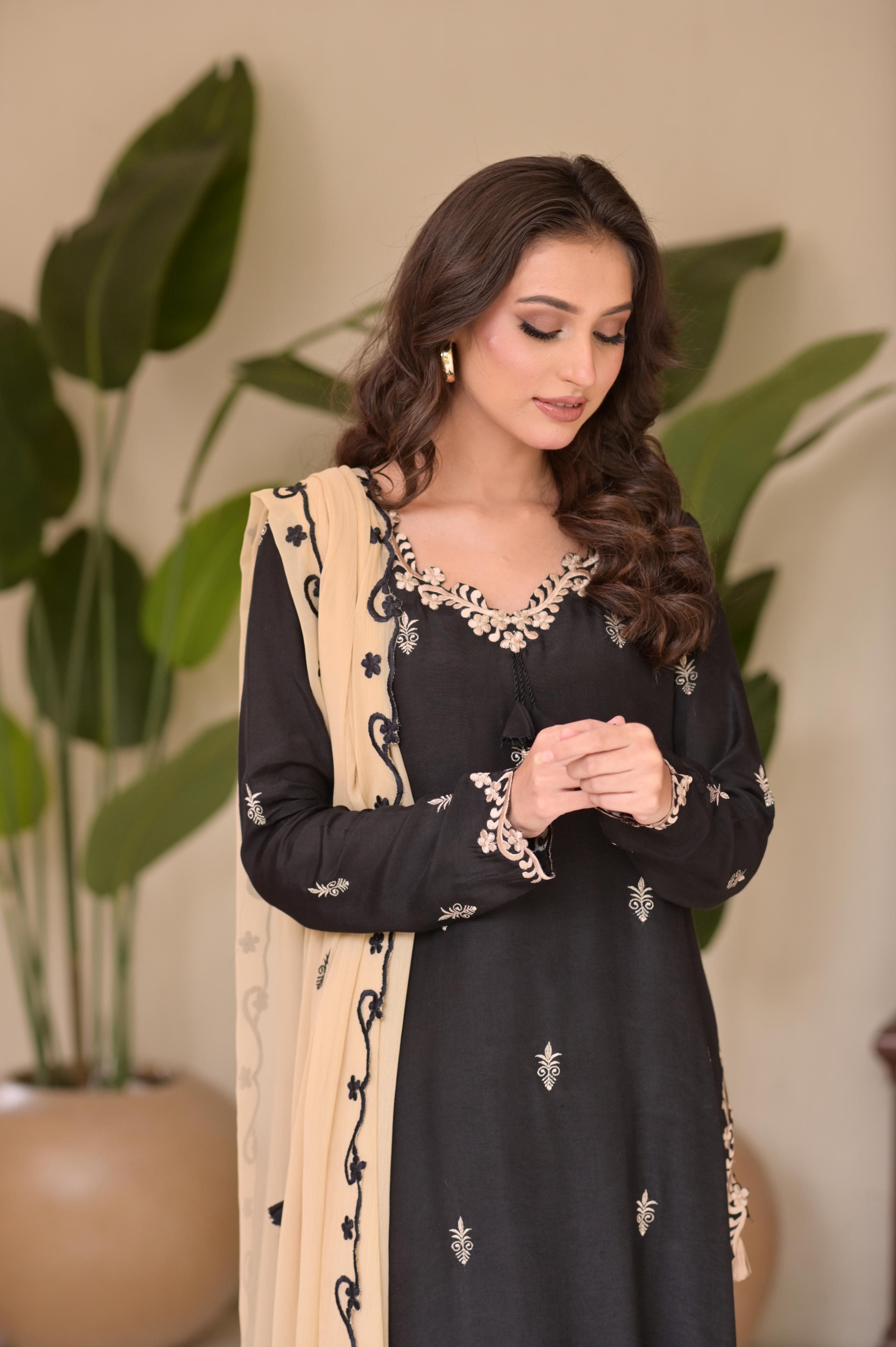 Black & Beige Embroidered 3-Pc Set
