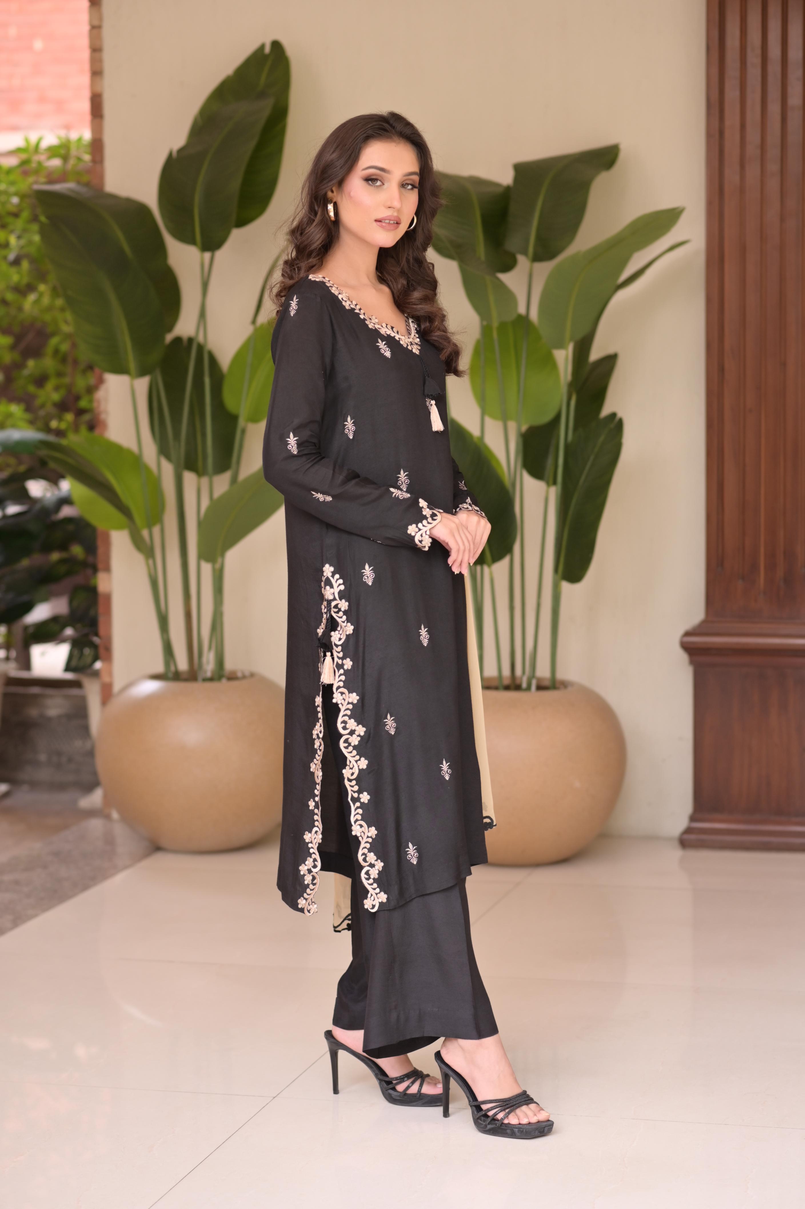 Black & Beige Embroidered 3-Pc Set