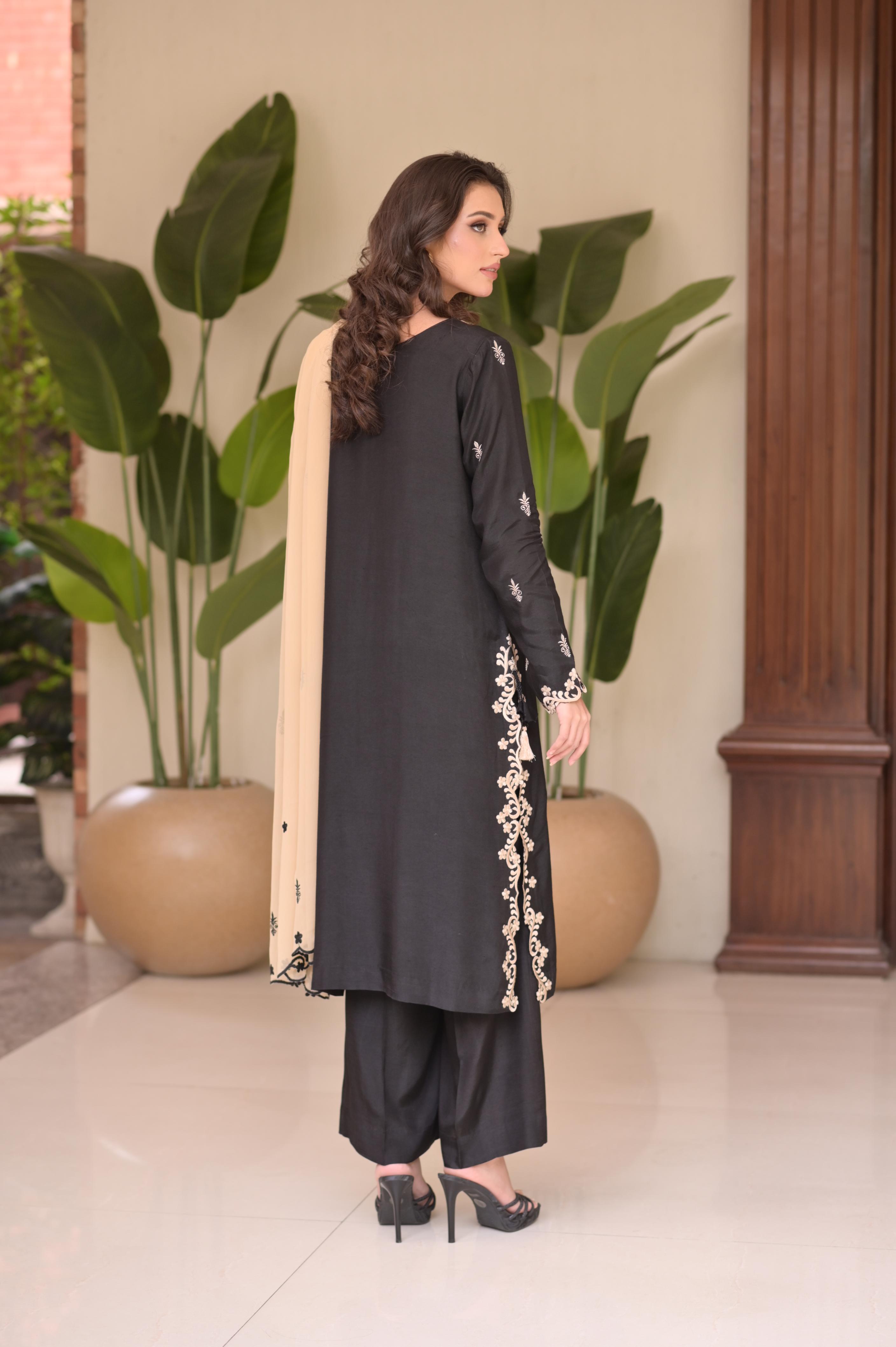 Black & Beige Embroidered 3-Pc Set