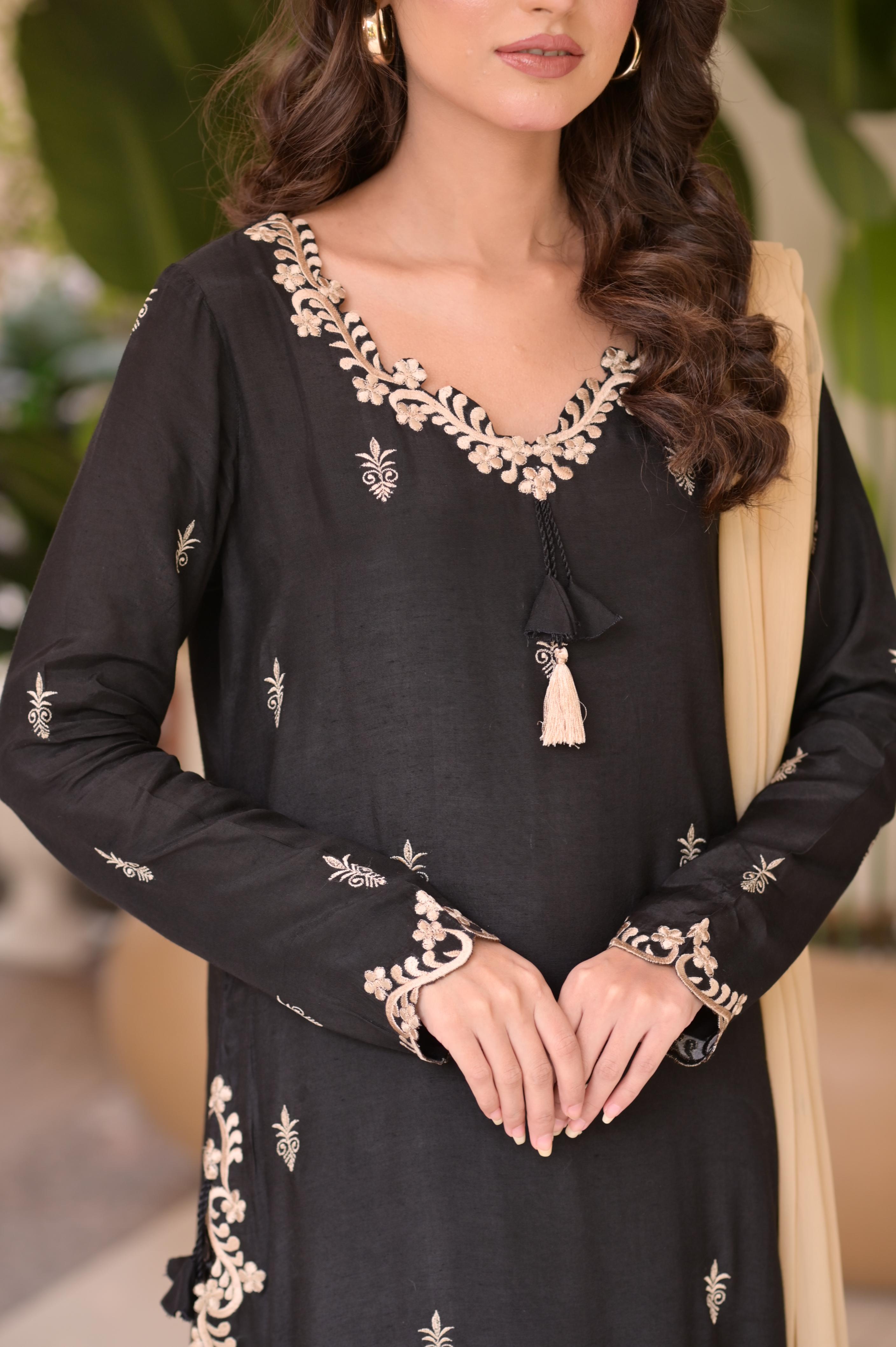 Black & Beige Embroidered 3-Pc Set