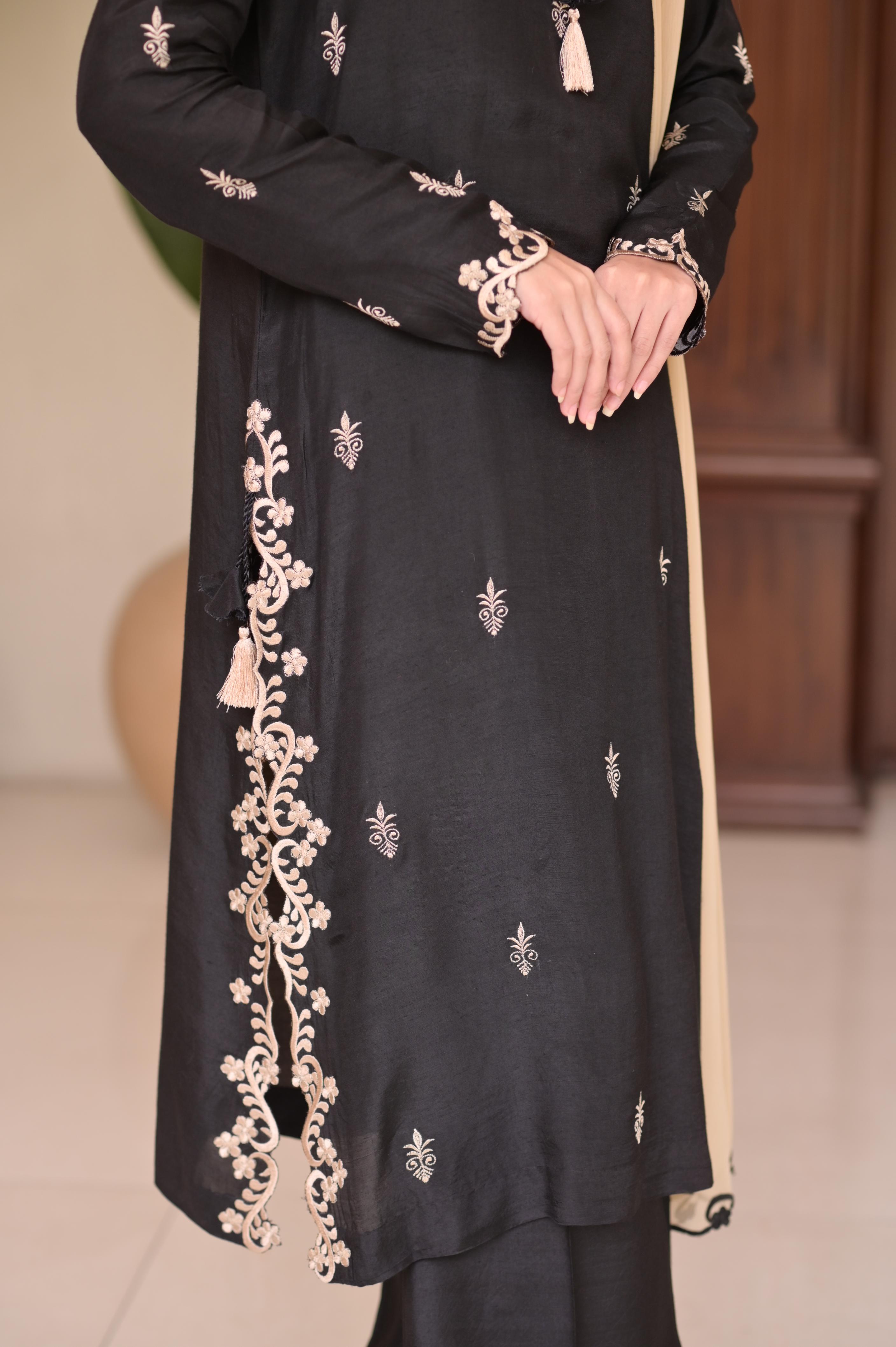 Black & Beige Embroidered 3-Pc Set