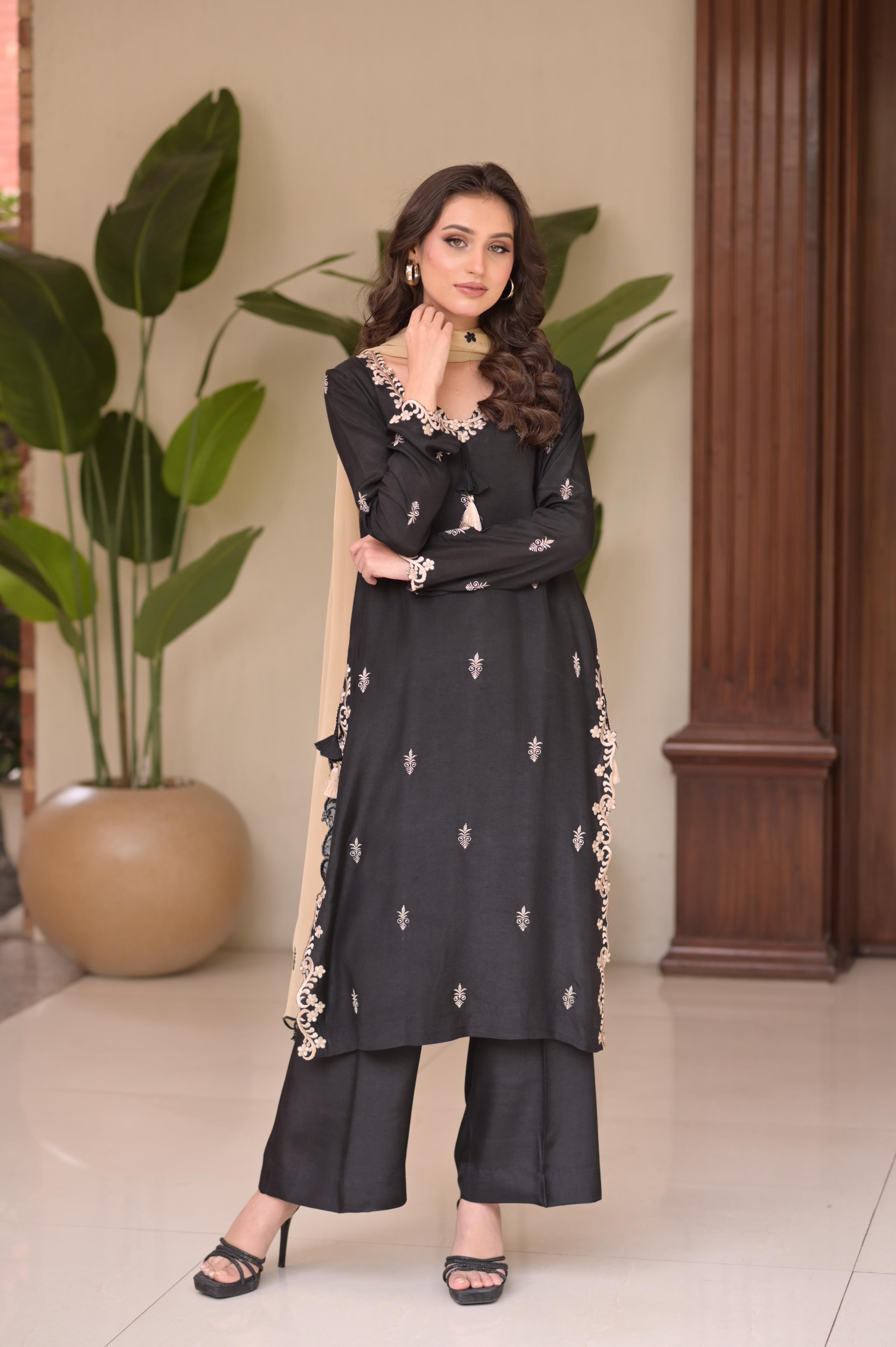 Black & Beige Embroidered 3-Pc Set