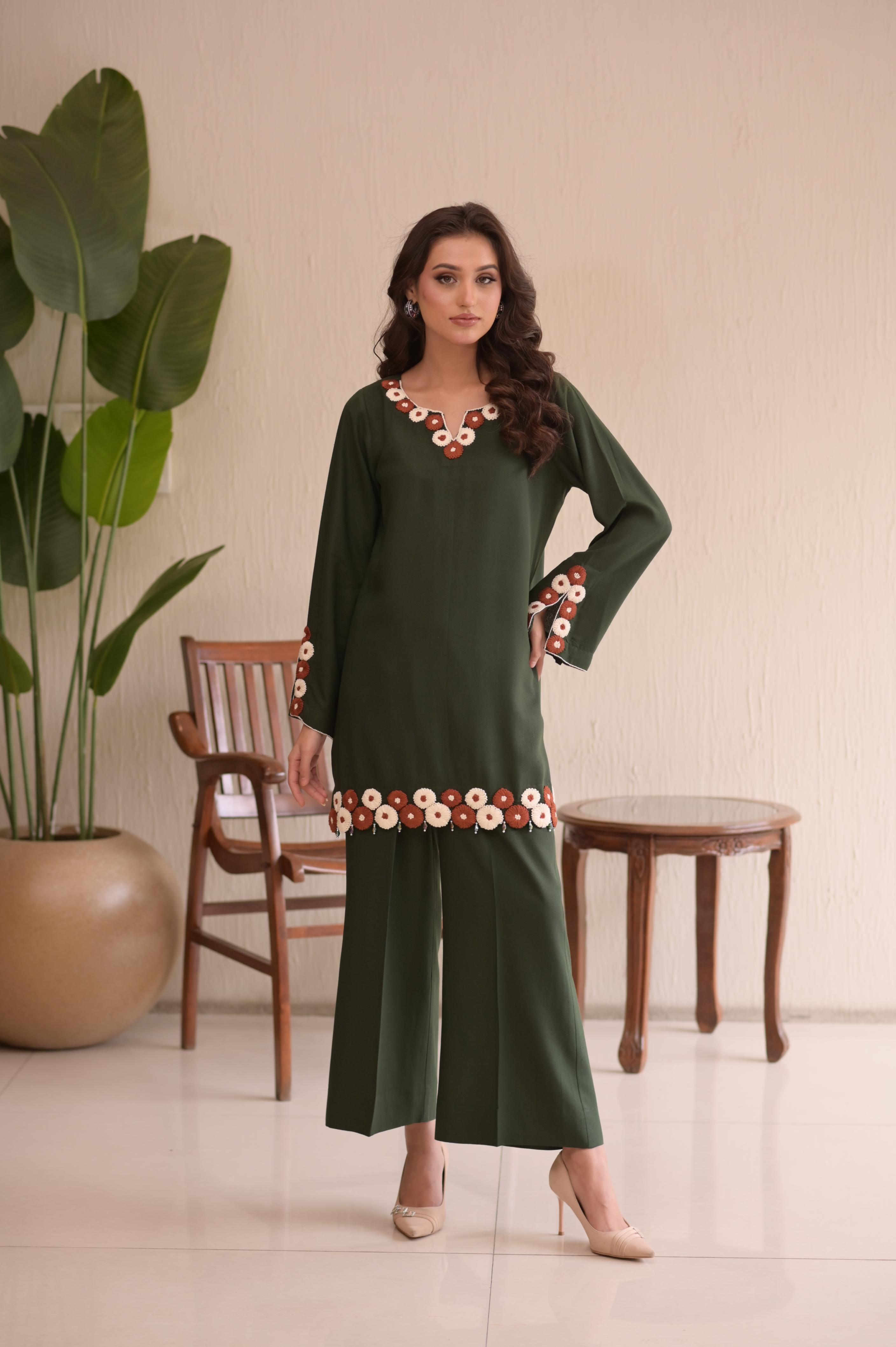 Bottle Green Hand-Embroidered 2-Pc Karandi Set