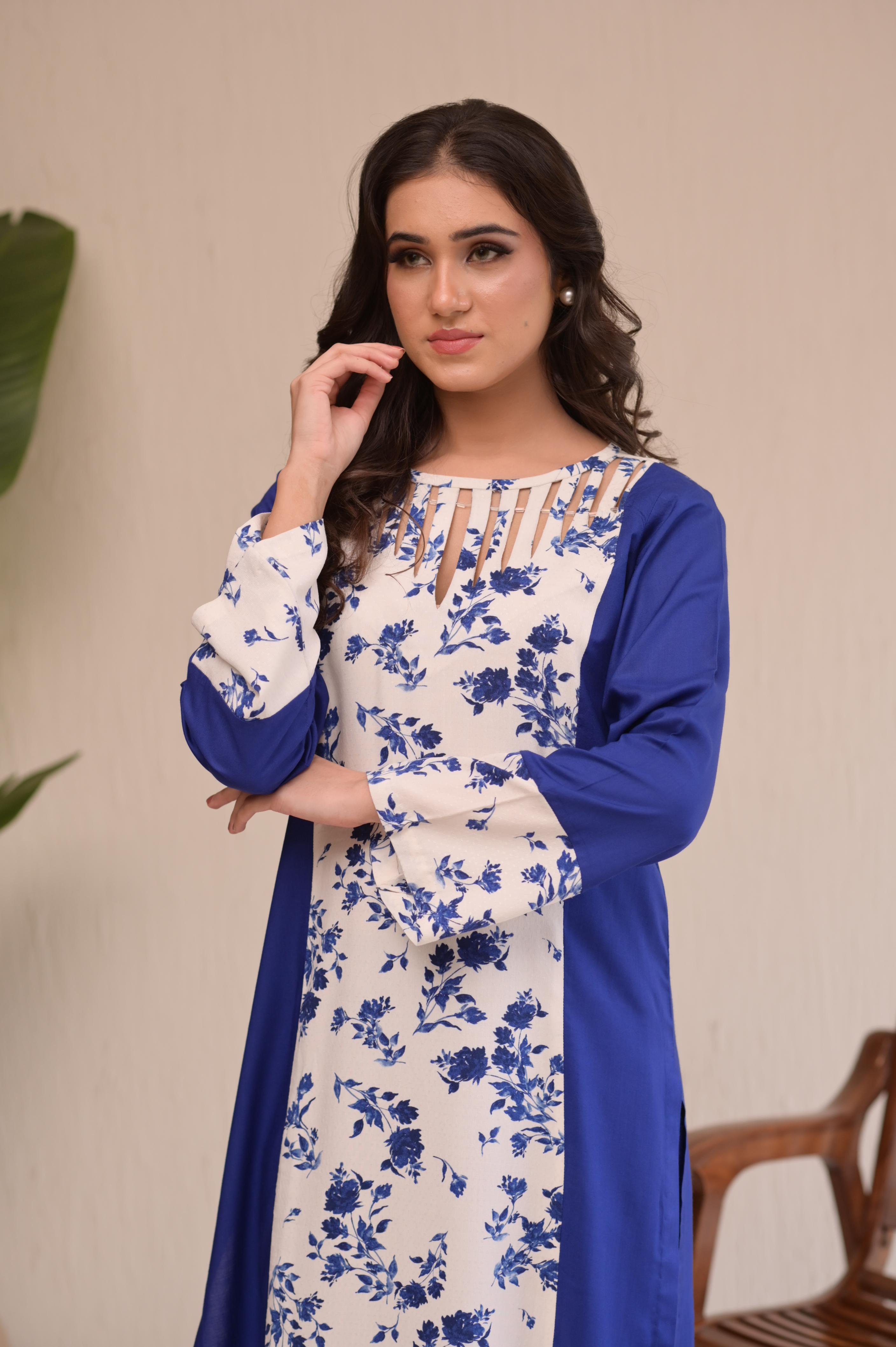 Royal Blue Floral 2-Pc Linen Set