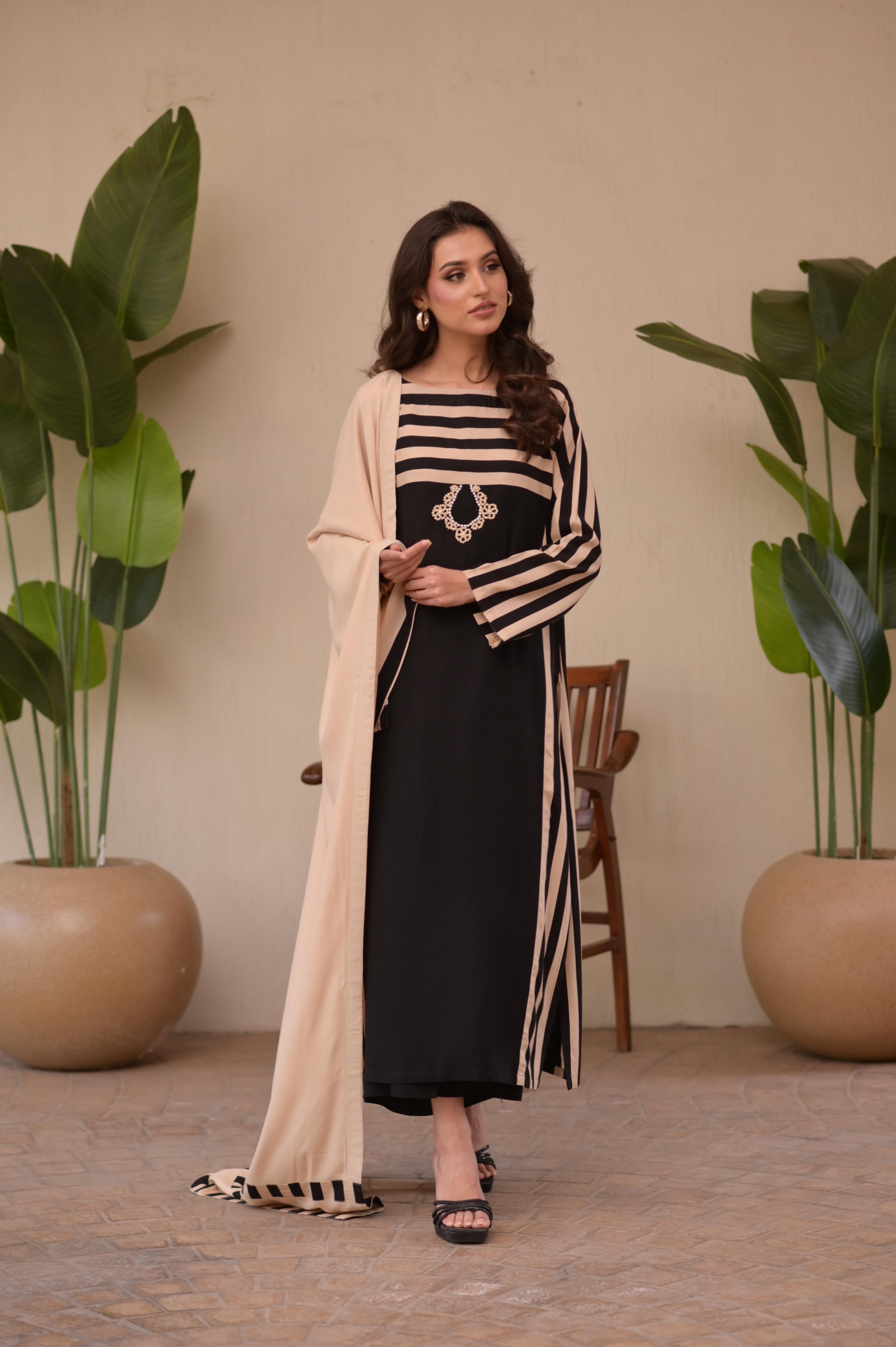 Warm Taupe & Black Stripes 3-Pc Set With Shawl