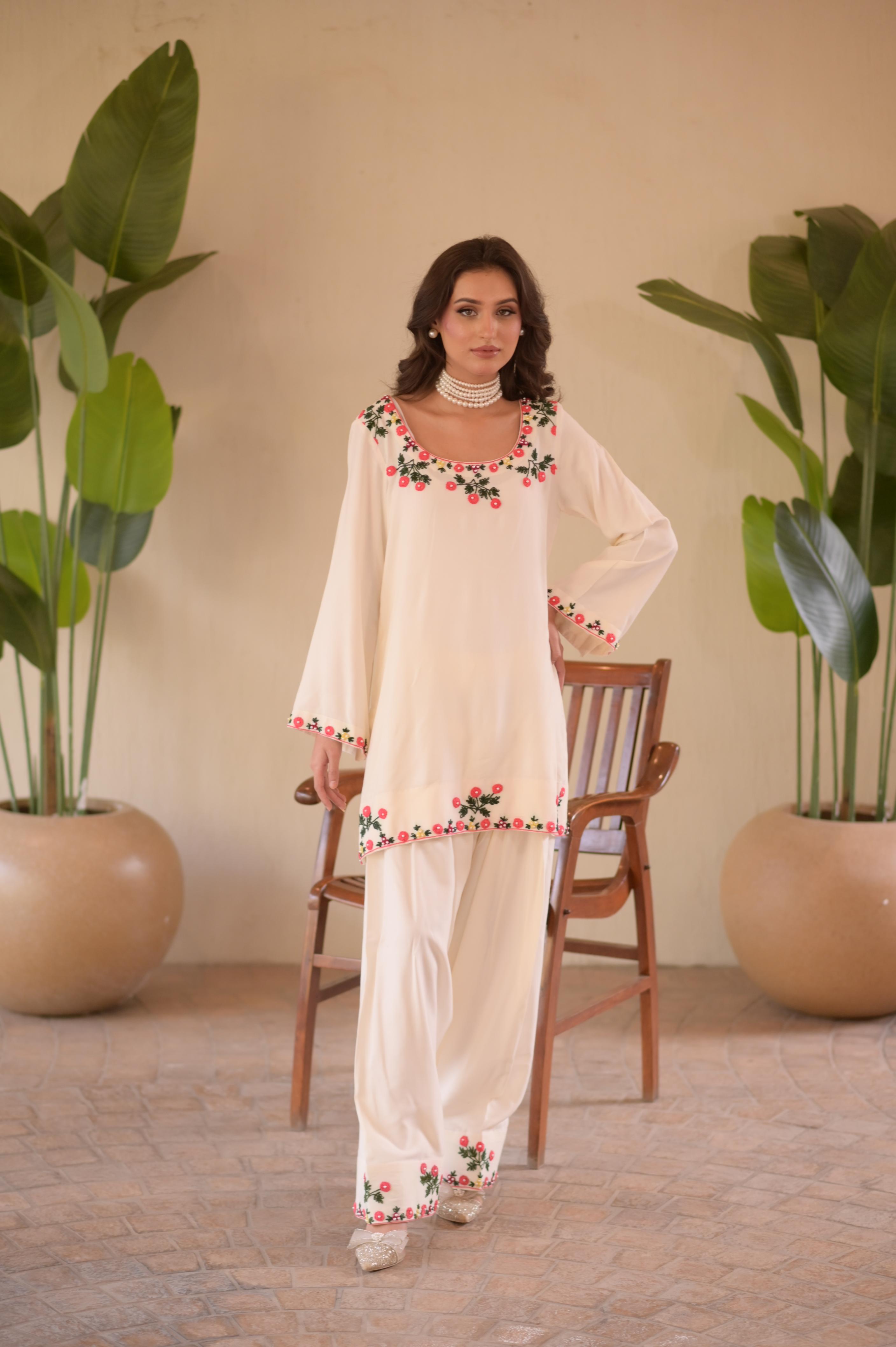 Ivory Hand-Embroidered Farshi 2-Pc Linen Set