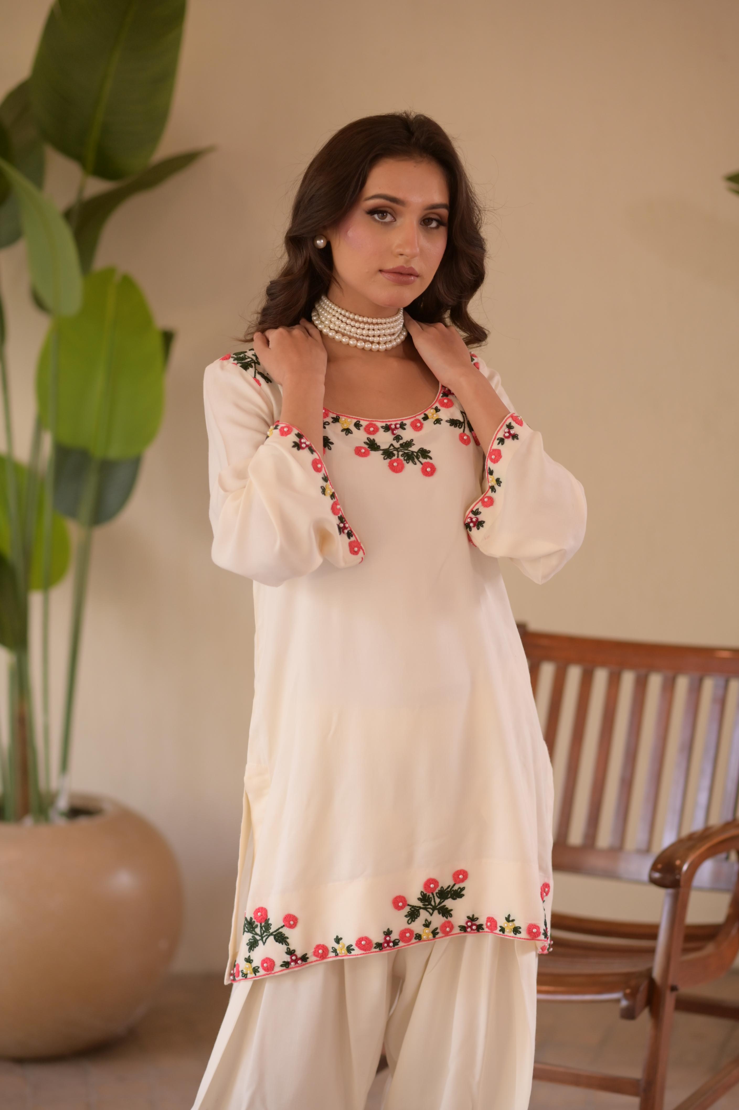 Ivory Hand-Embroidered Farshi 2-Pc Linen Set