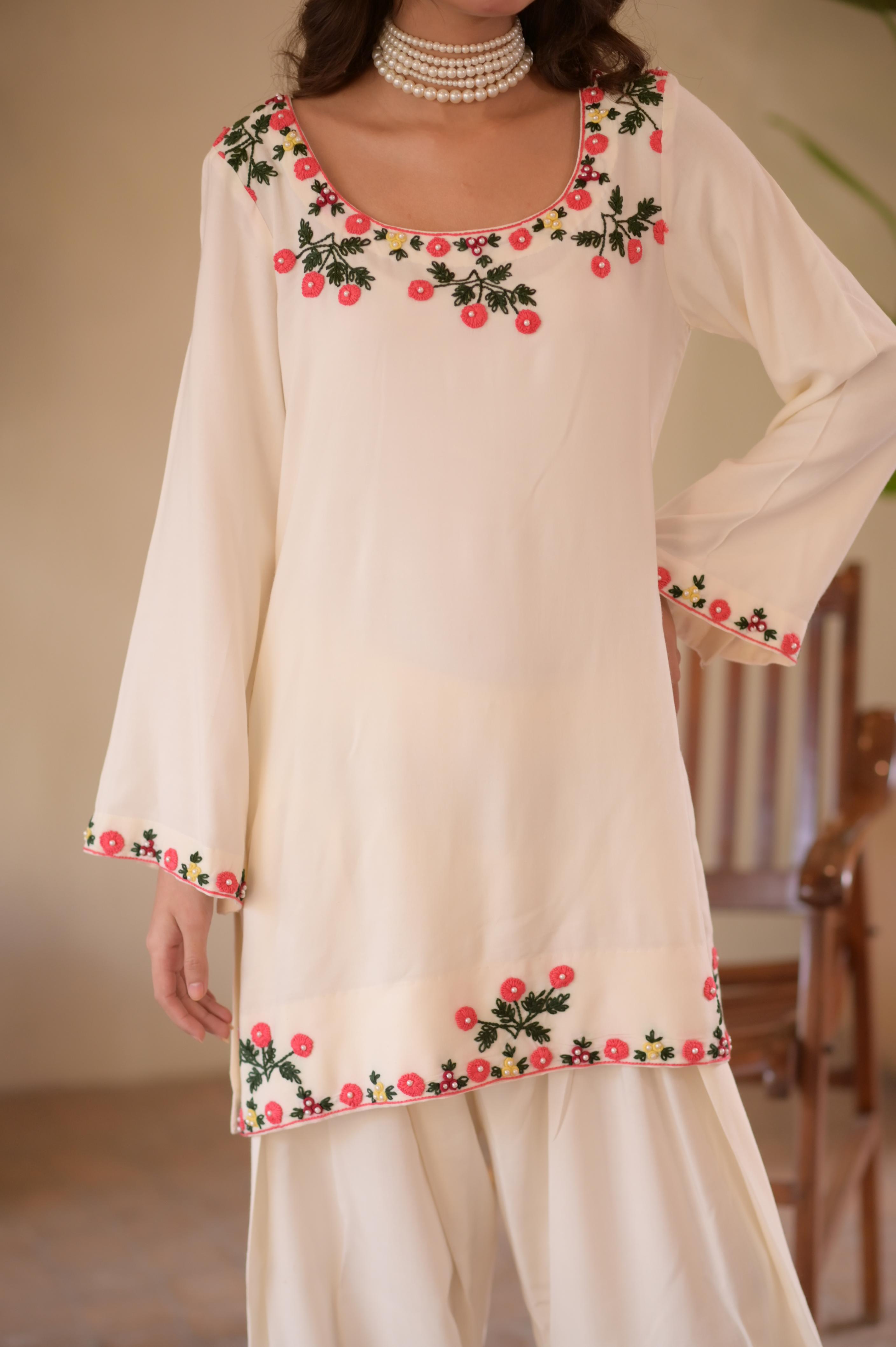 Ivory Hand-Embroidered Farshi 2-Pc Linen Set