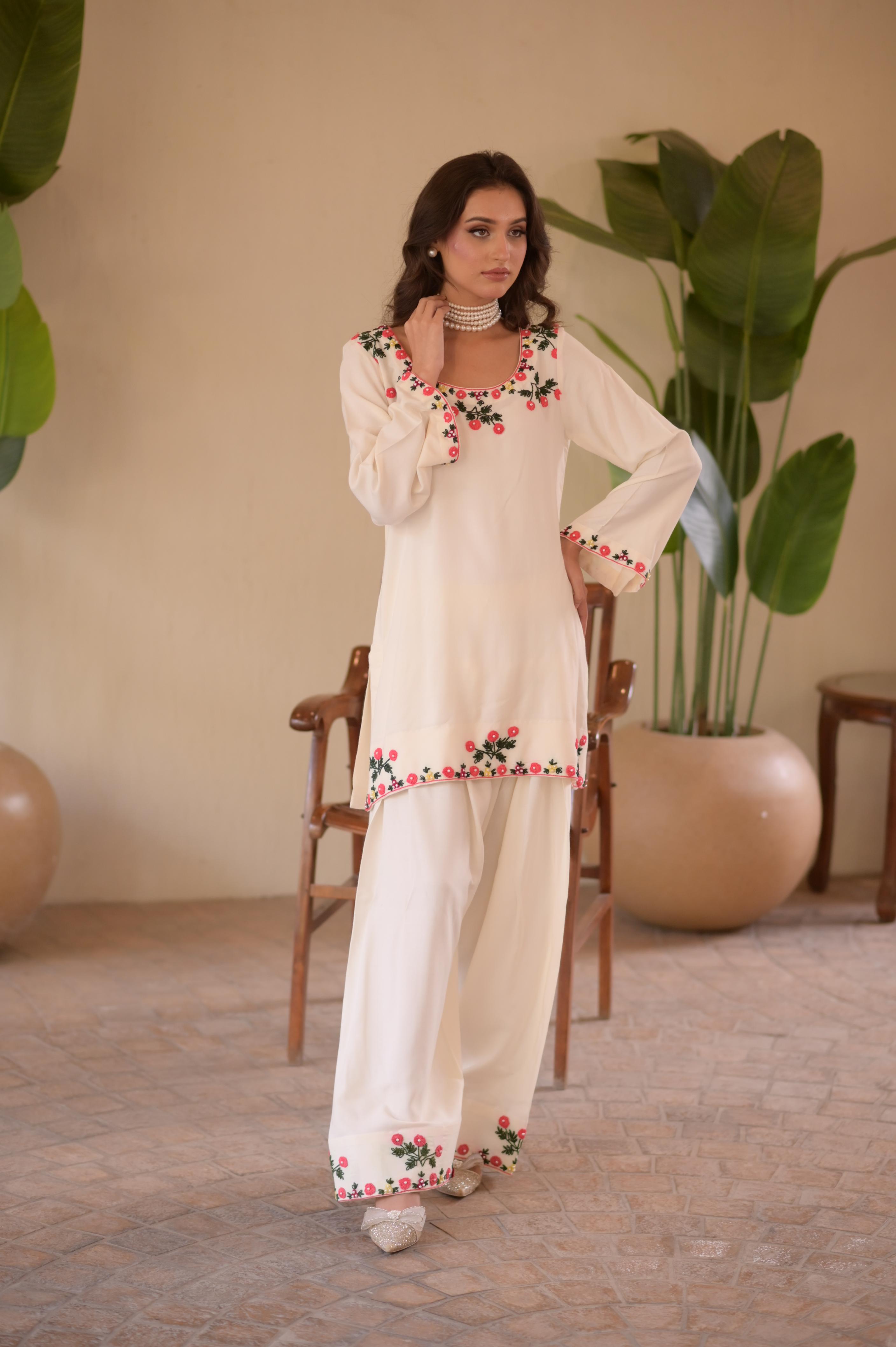 Ivory Hand-Embroidered Farshi 2-Pc Linen Set