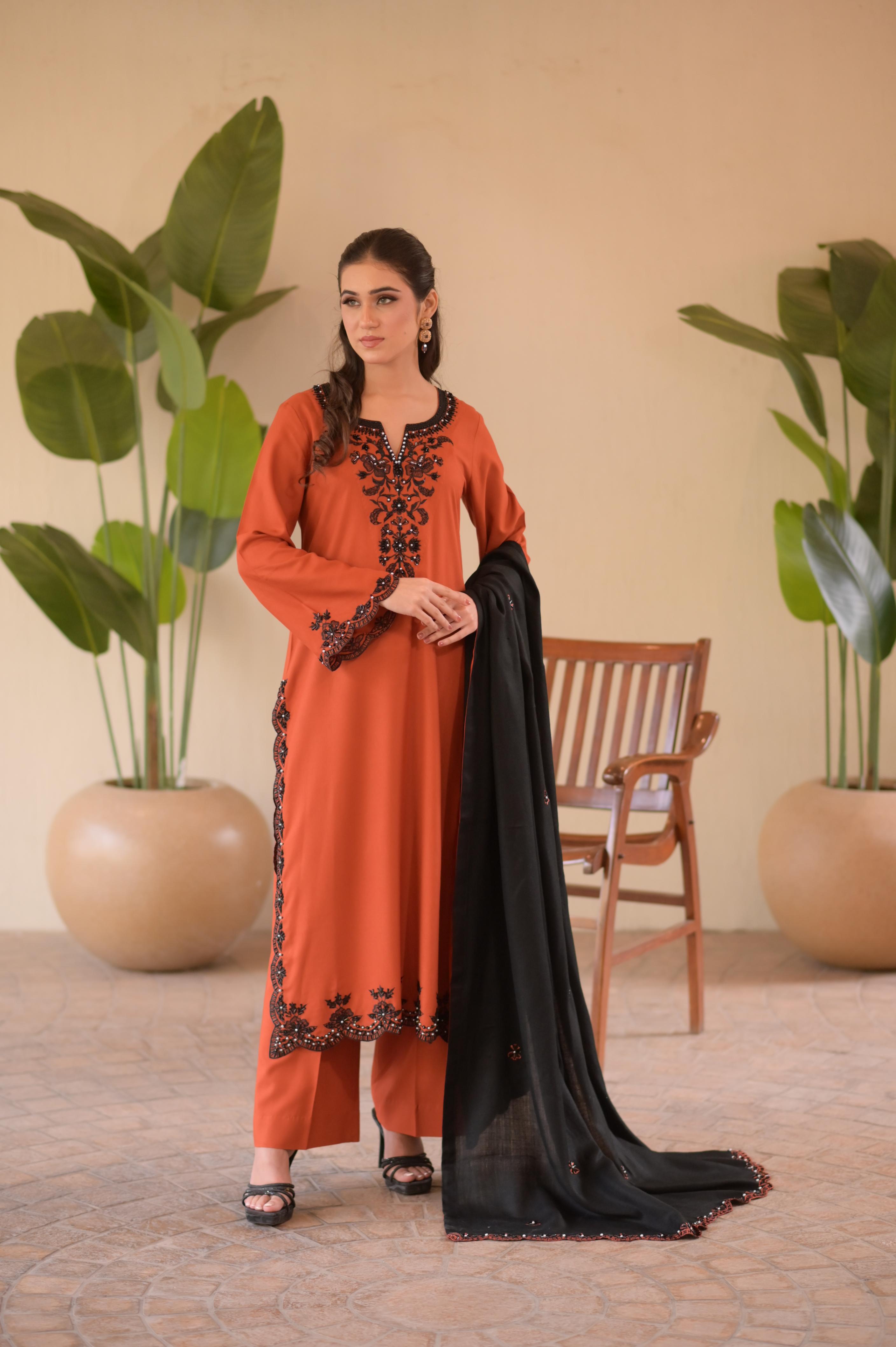 Burnt Orange Hand-Embellished 3-Pc Set