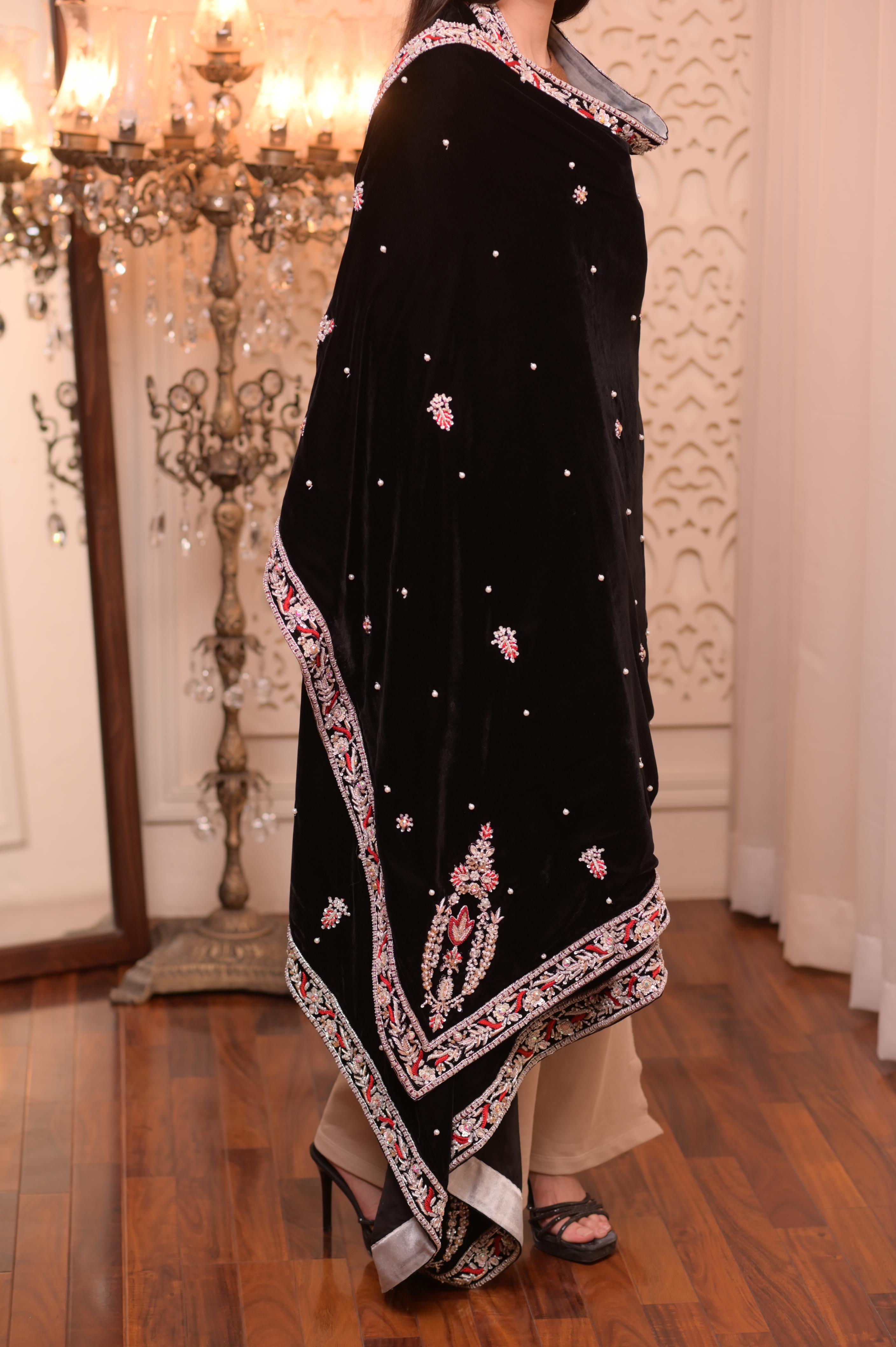 Regal Black Velvet Signature Hand-Embellished Shawl