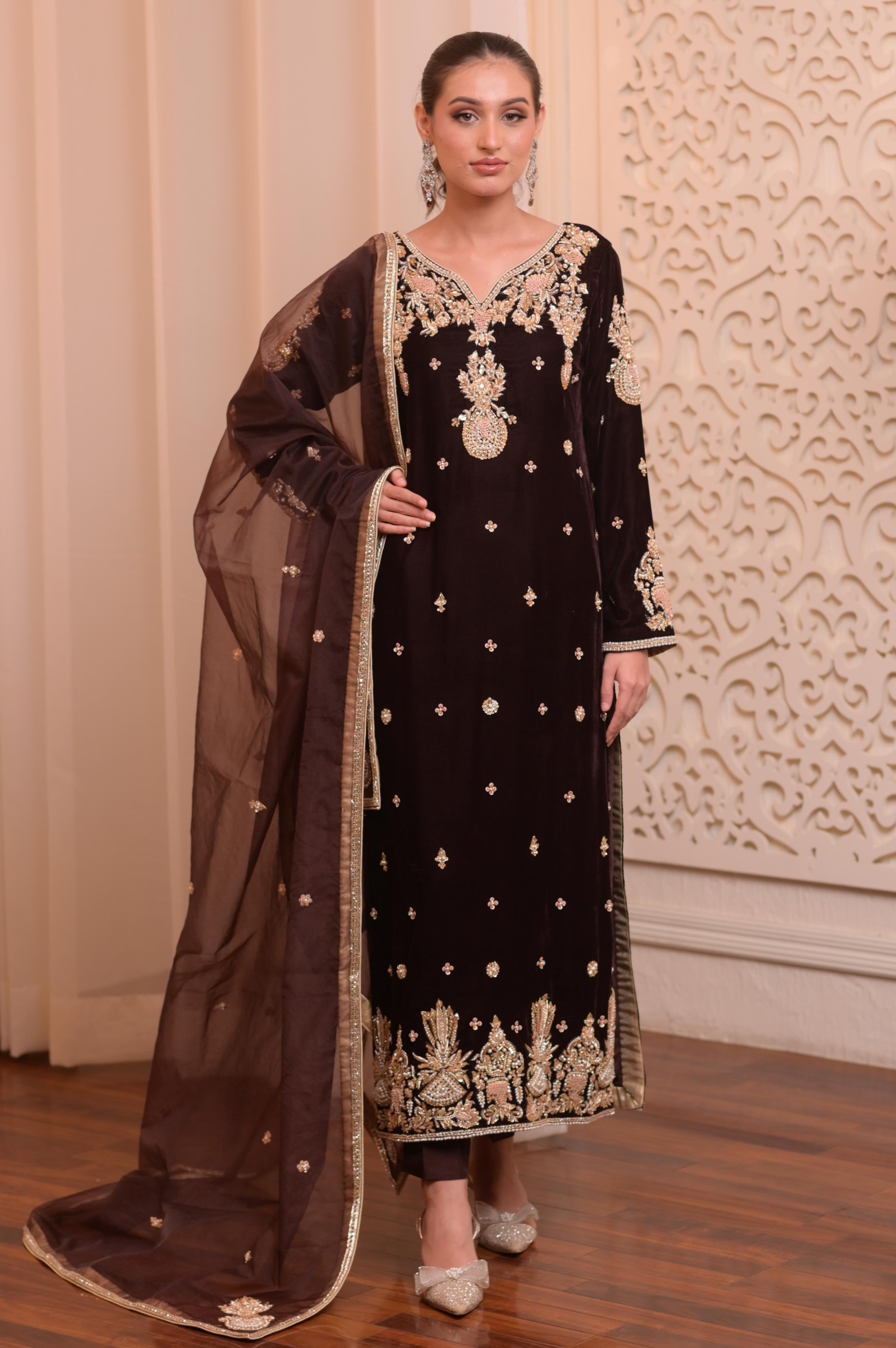Dark Truffle and Gold Velvet Signature Handworked Ensemble