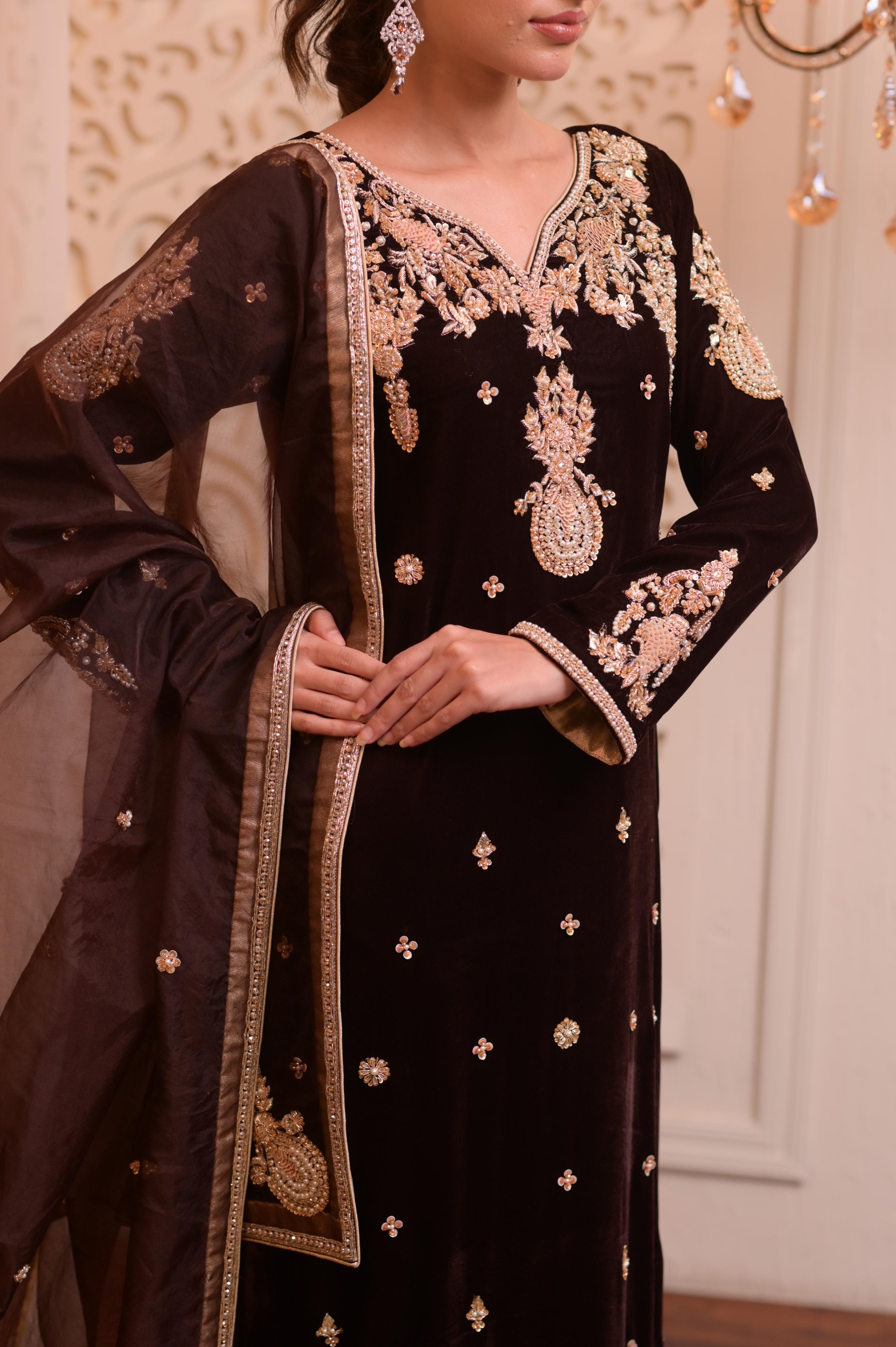 Dark Truffle and Gold Velvet Signature Handworked Ensemble
