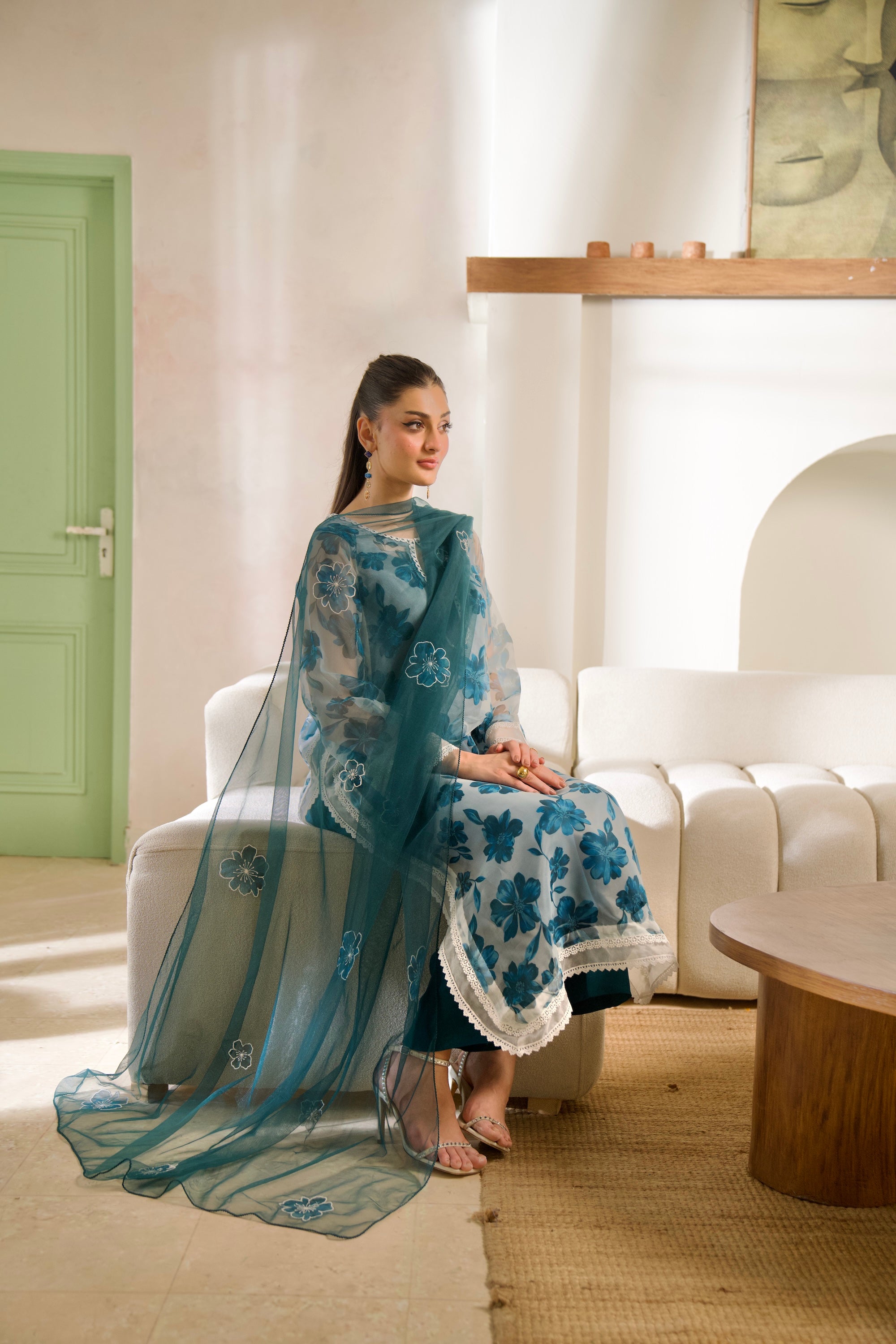 TEAL FLORAL PRINTED ORGANZA SET