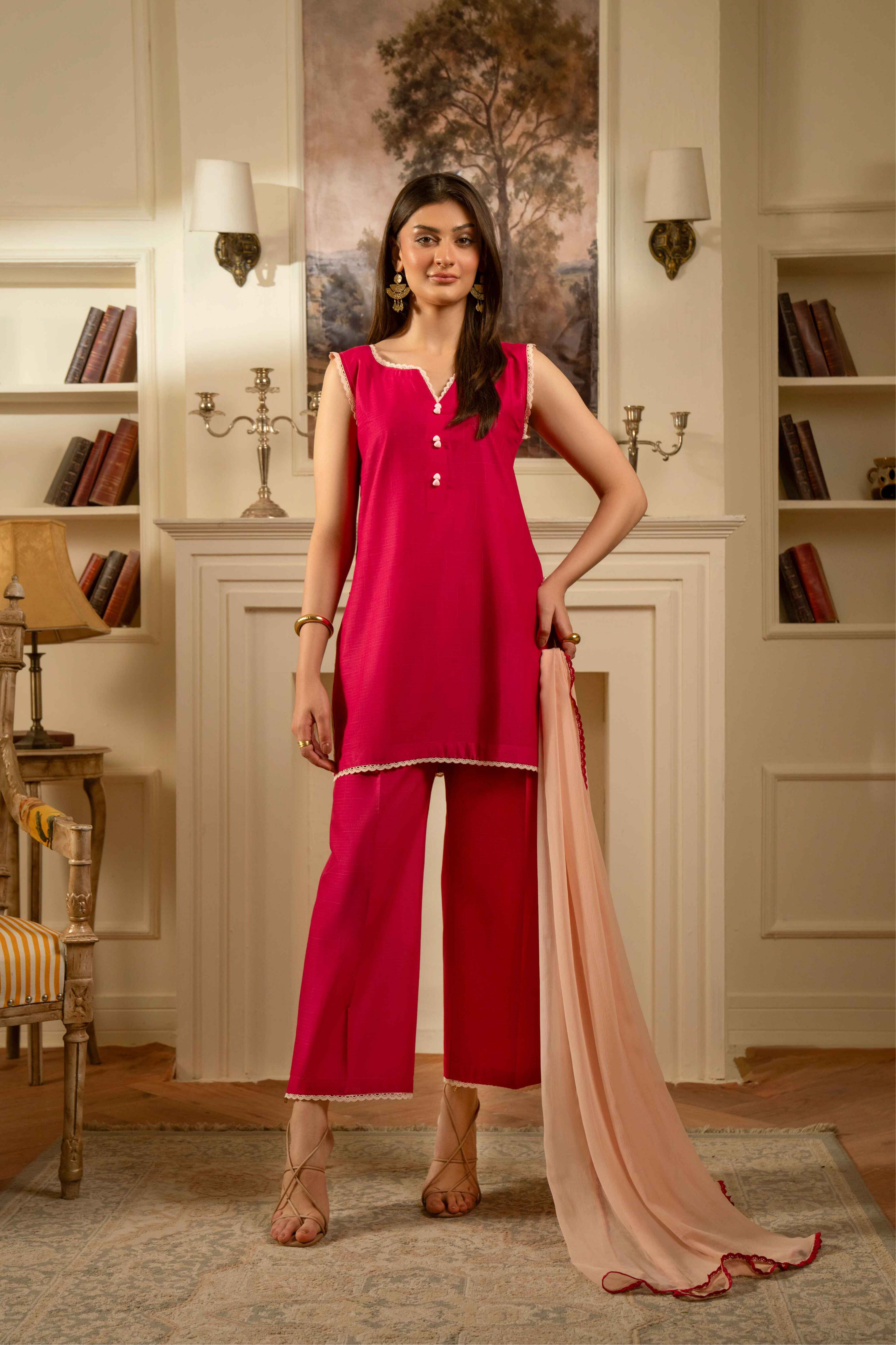 HOT PINK COTTON JACQUARD SLEEVELESS SET