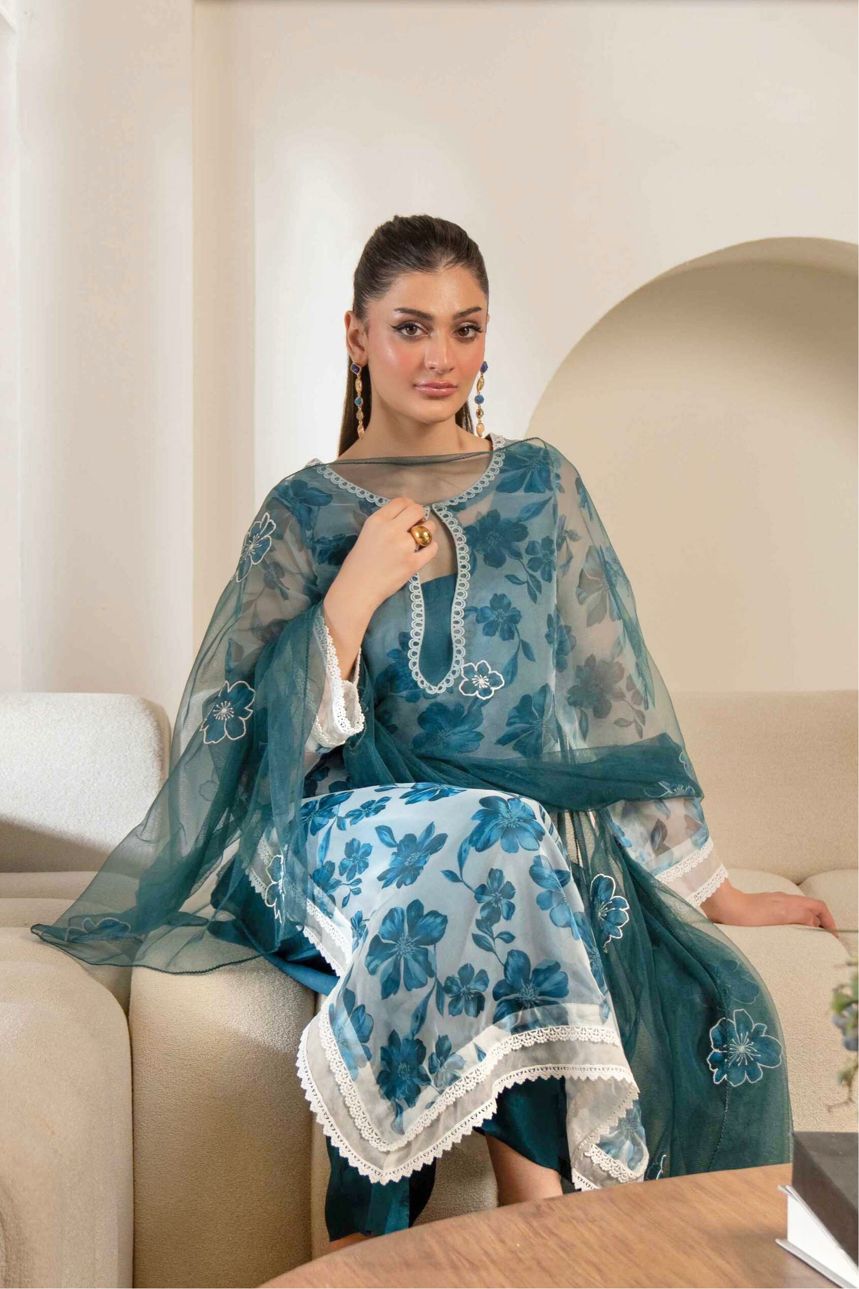 TEAL FLORAL PRINTED ORGANZA SET