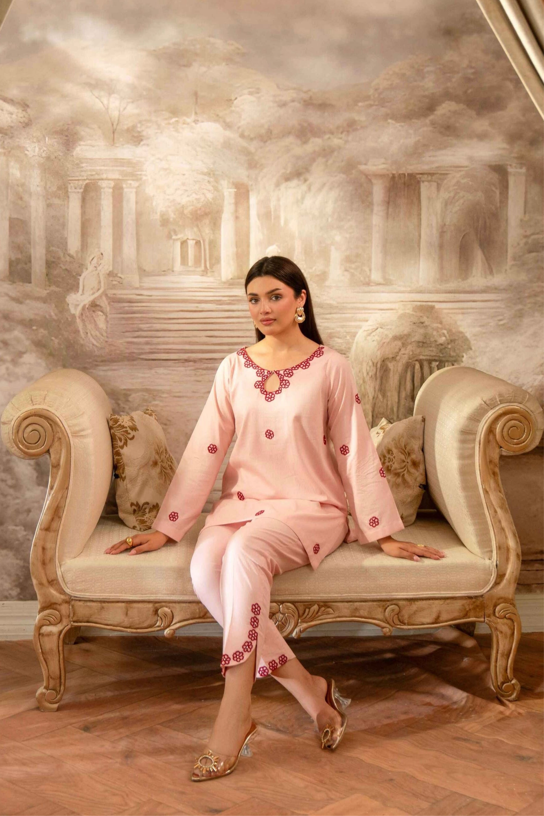 PASTEL PINK HAND EMBROIDERED SIGNATURE 2-PIECE SET