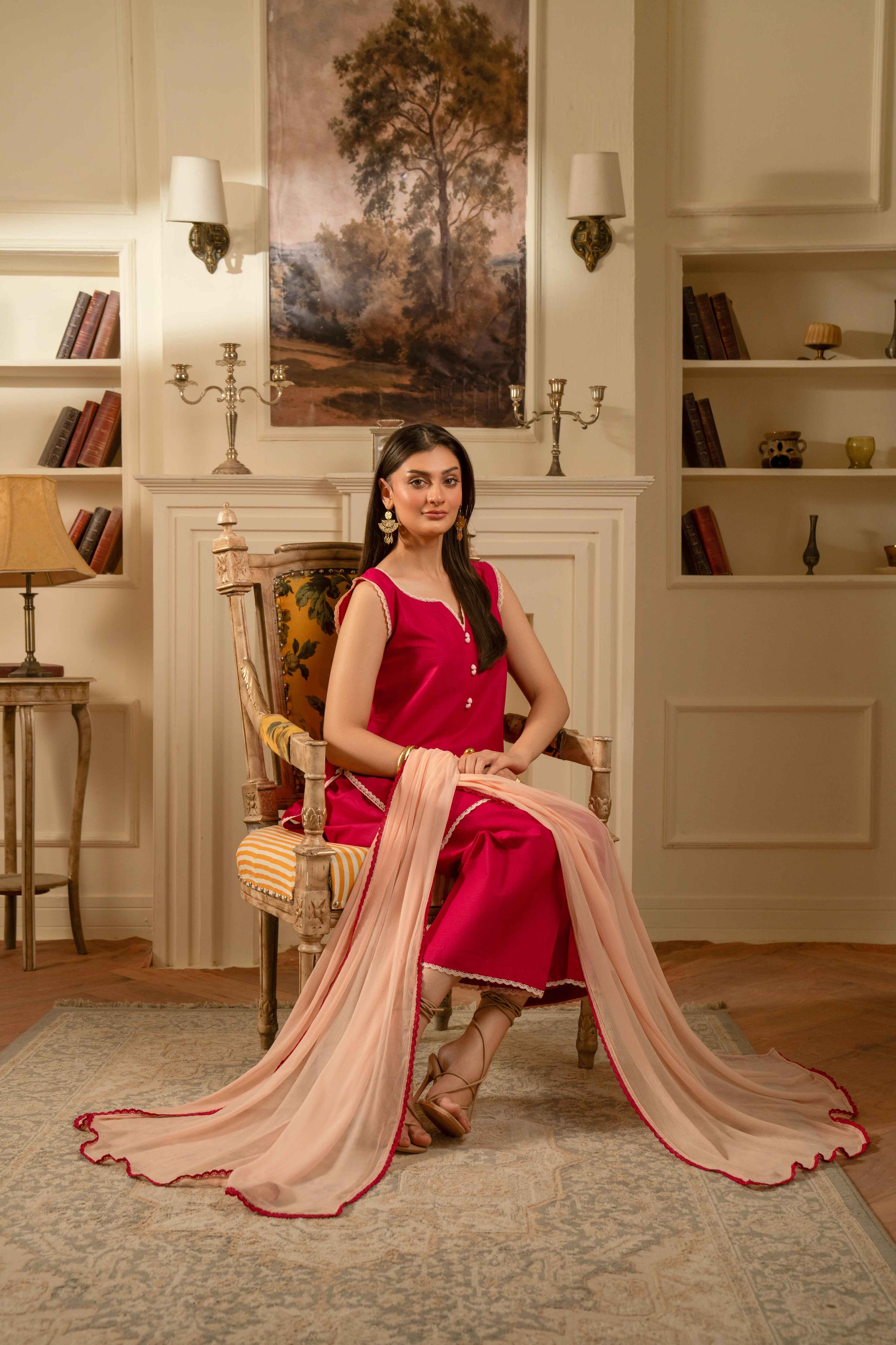 HOT PINK COTTON JACQUARD SLEEVELESS SET