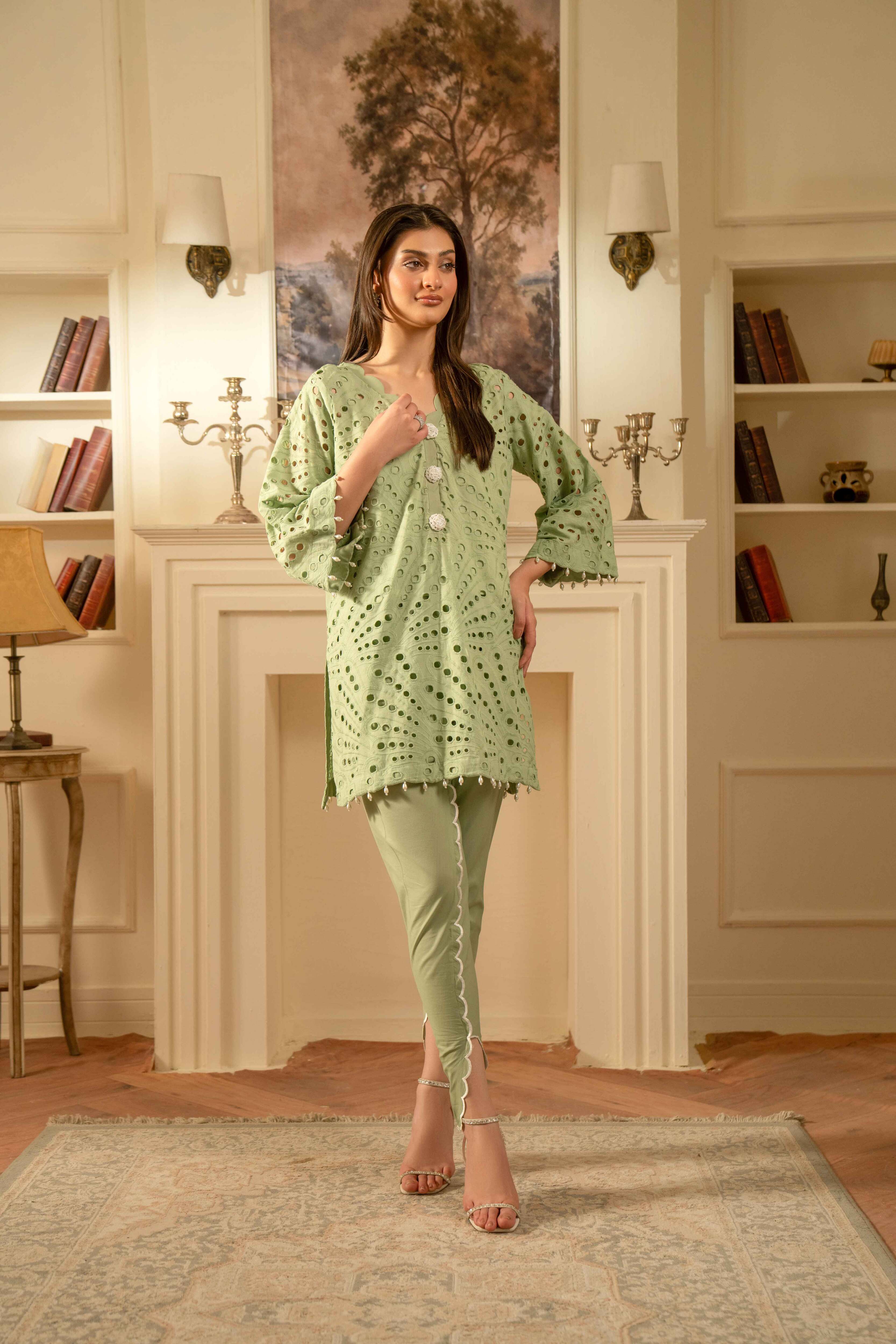 PASTEL GREEN CHIKANKARI SET