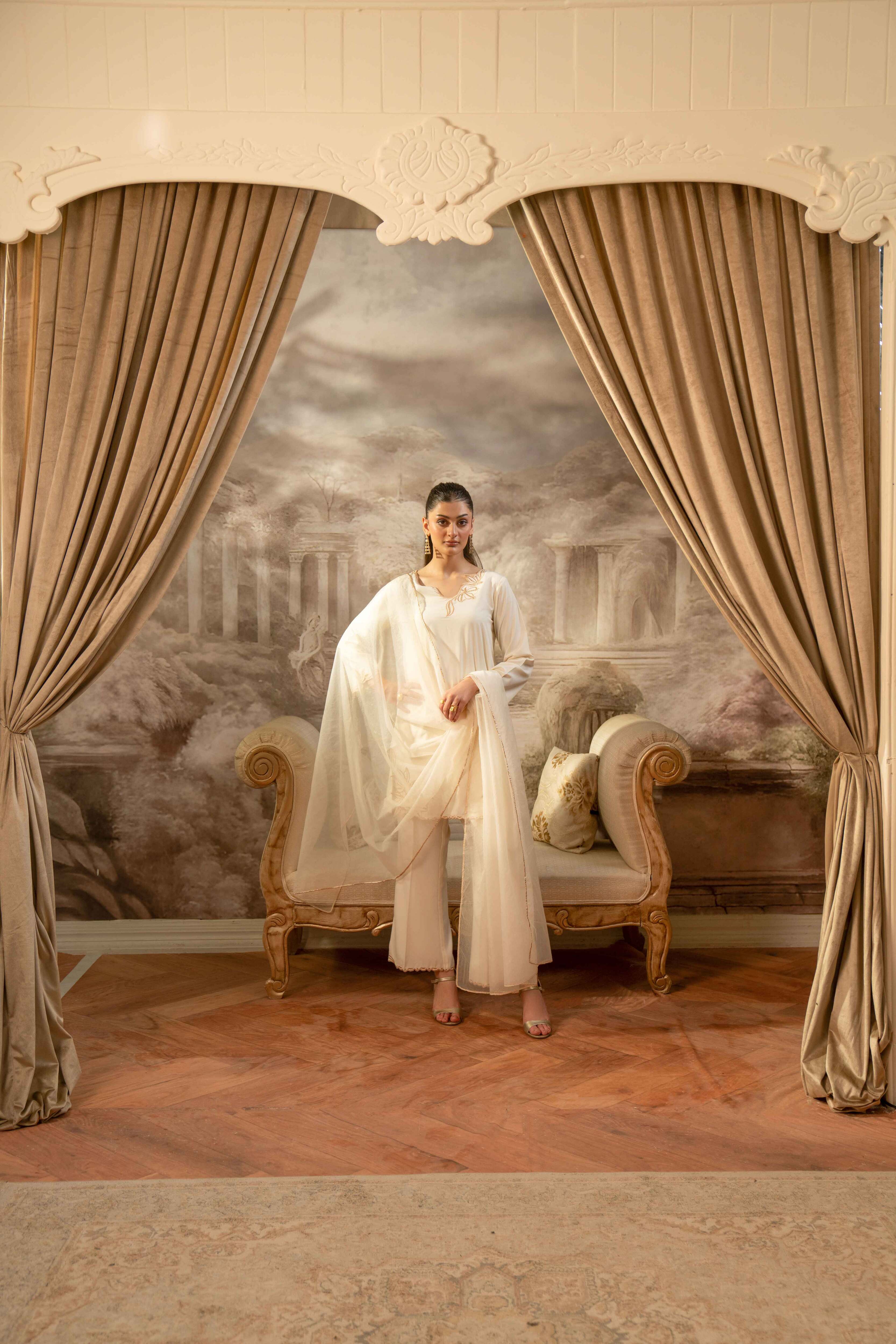 CREAM BOSKI SILK CUTWORK EMBROIDERED 3-PC SET