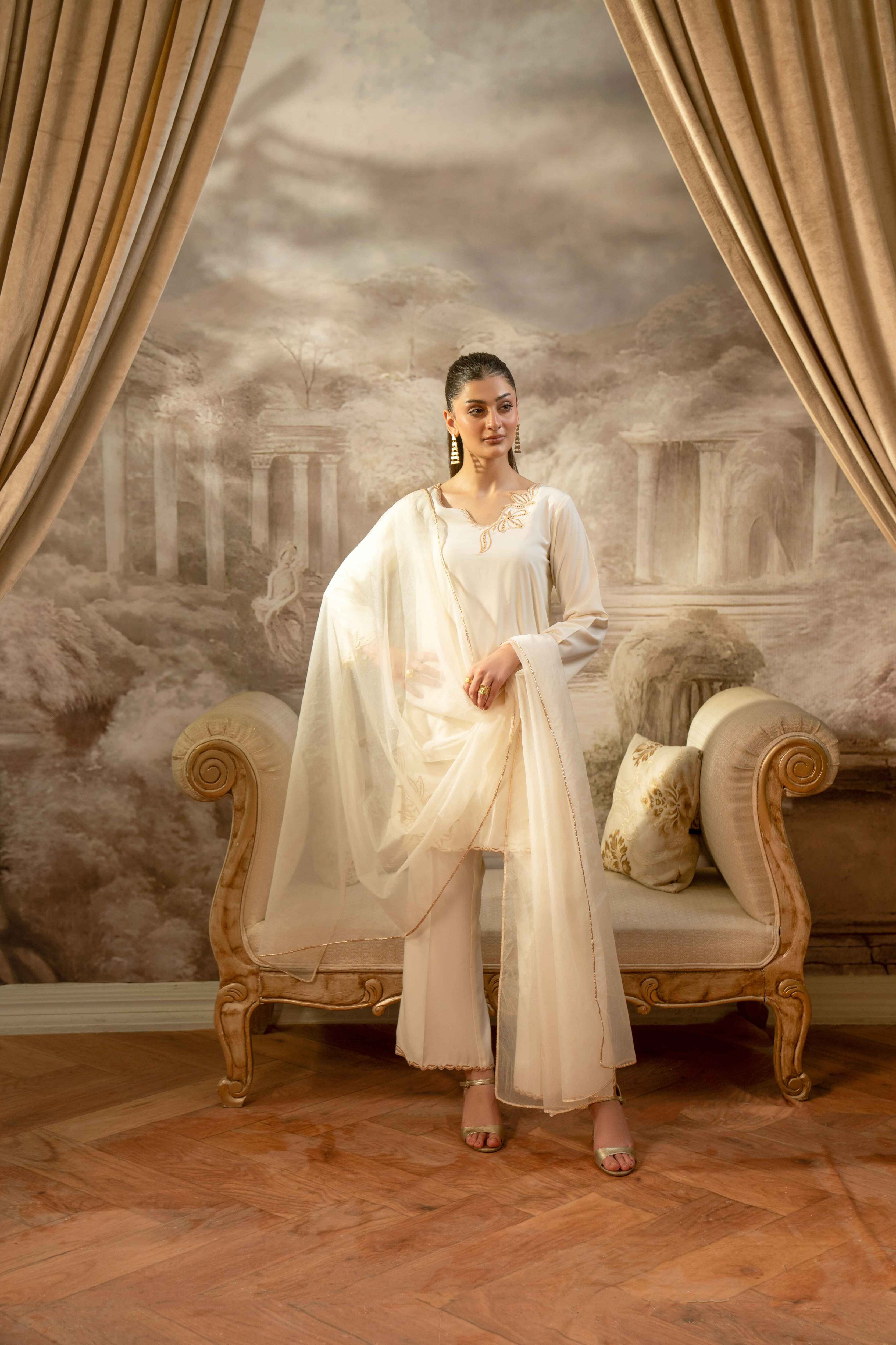 CREAM BOSKI SILK CUTWORK EMBROIDERED 3-PC SET