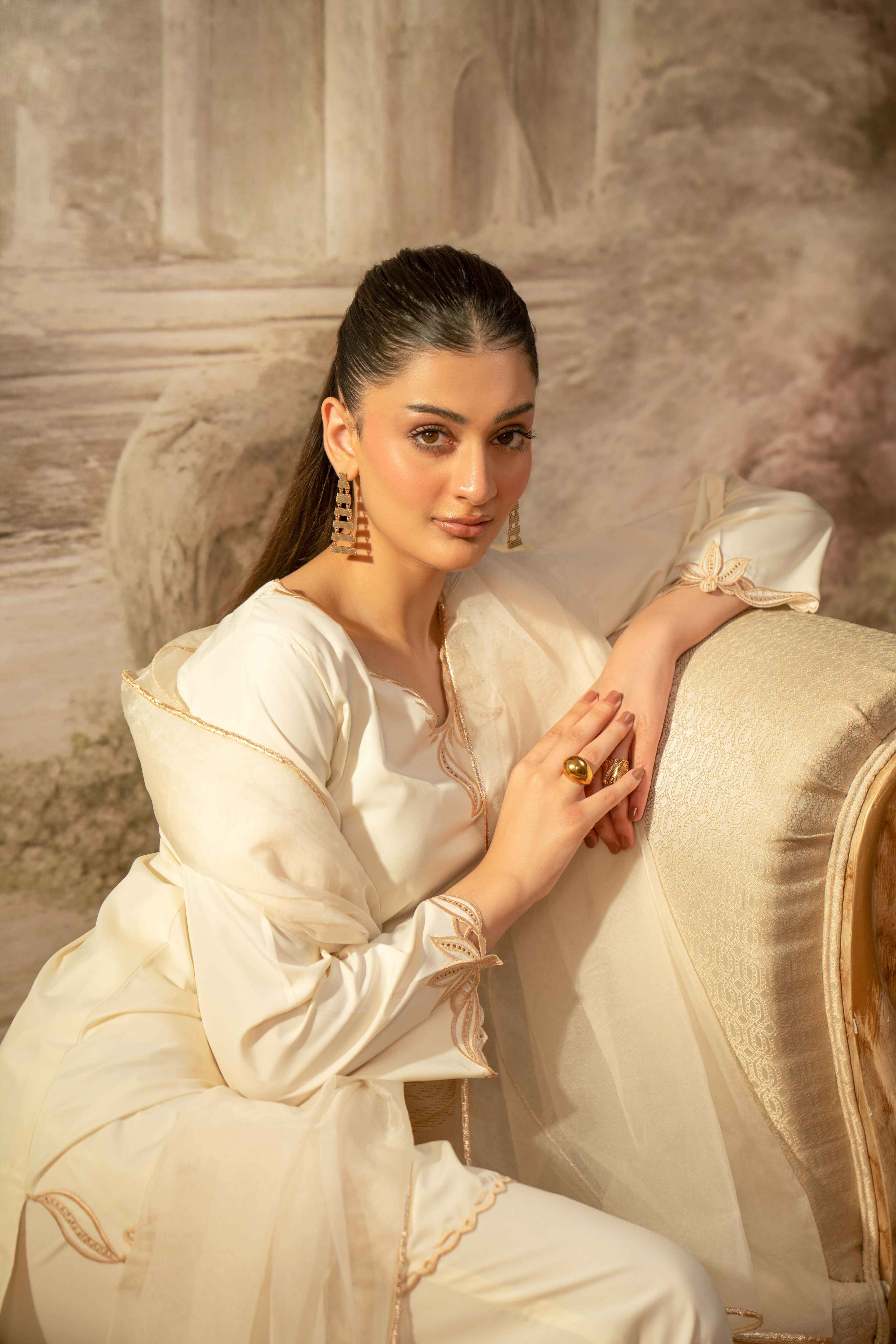 CREAM BOSKI SILK CUTWORK EMBROIDERED 3-PC SET