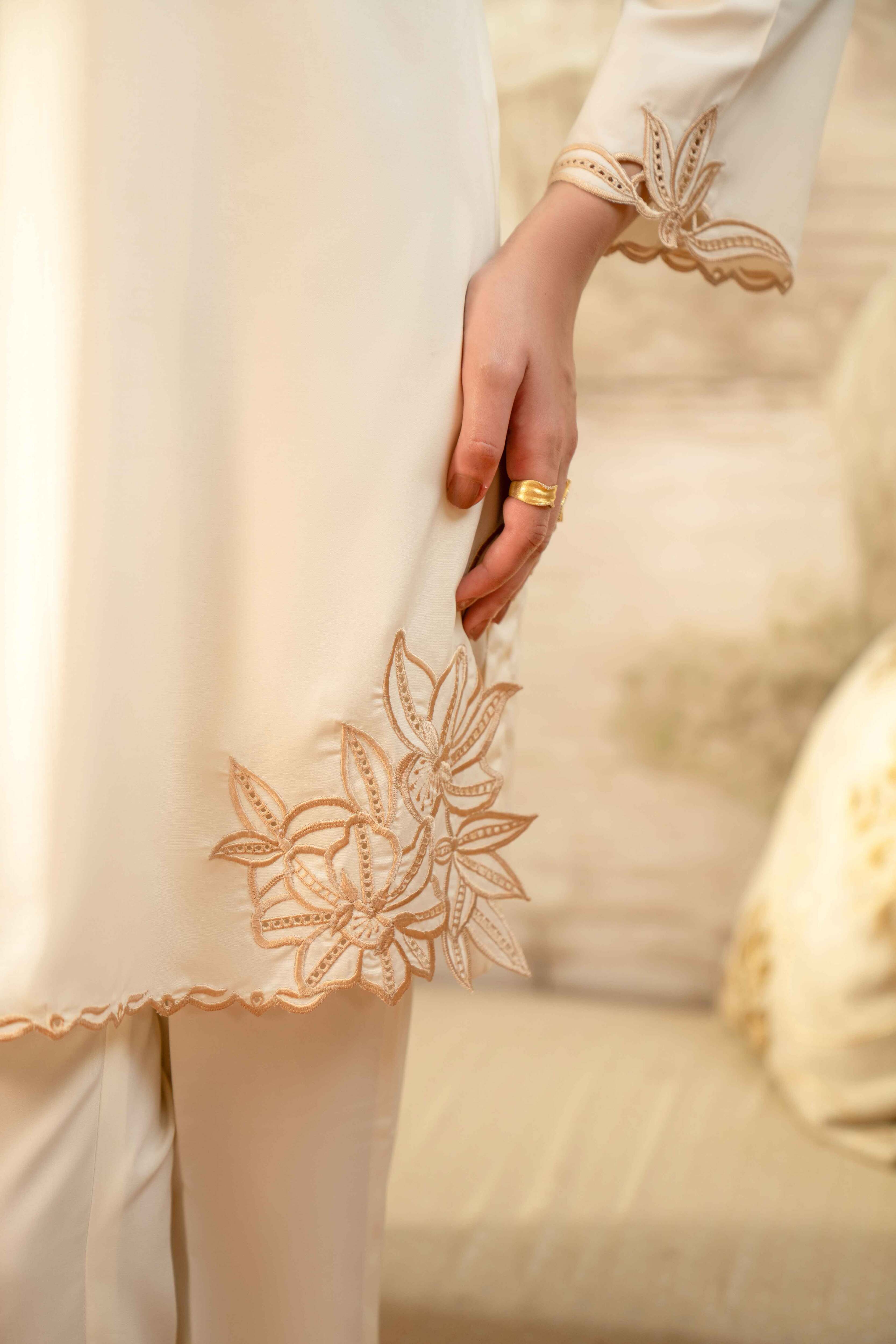 CREAM BOSKI SILK CUTWORK EMBROIDERED 3-PC SET