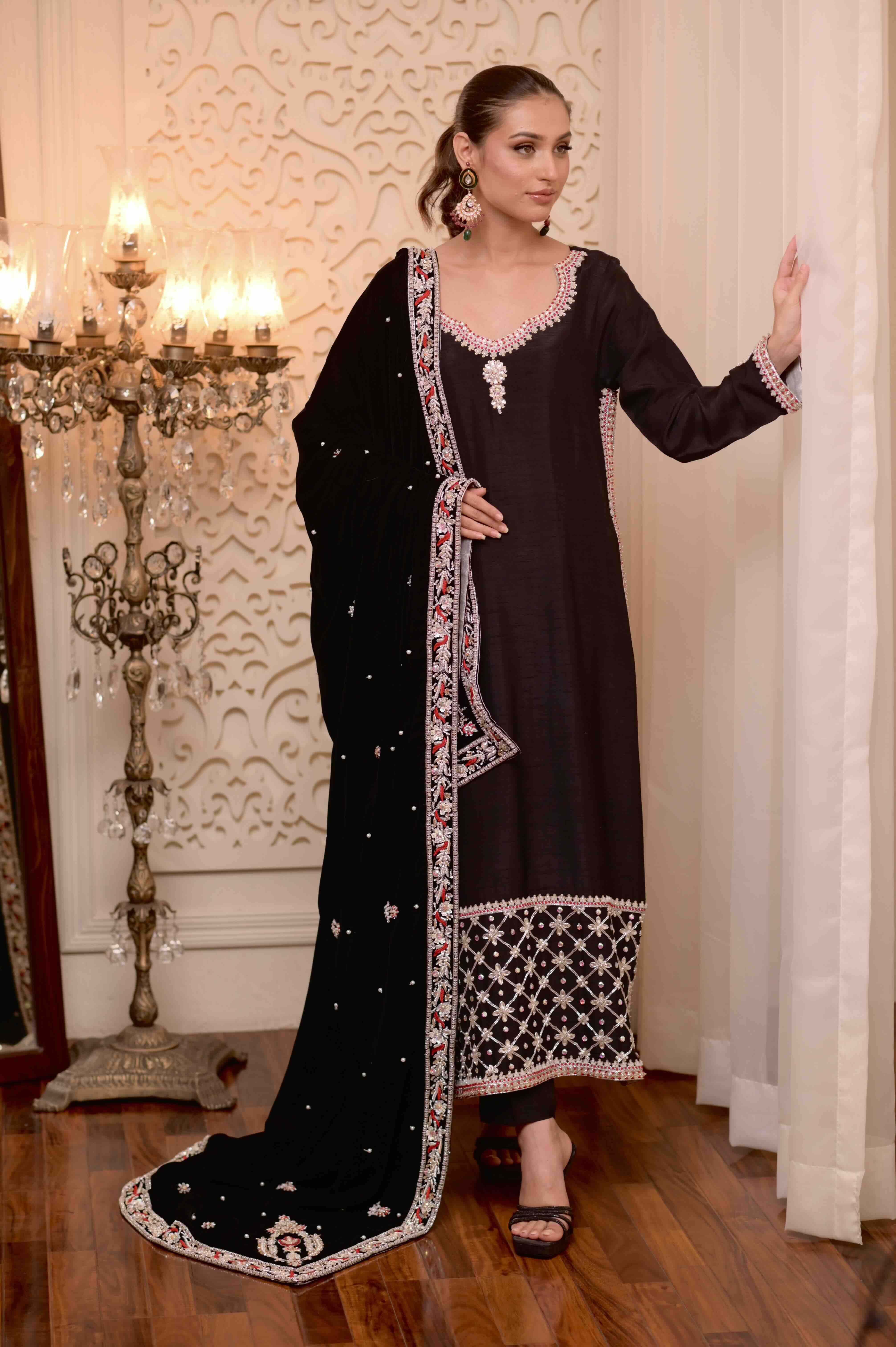 Regal Black Velvet Signature Hand-Embellished Shawl