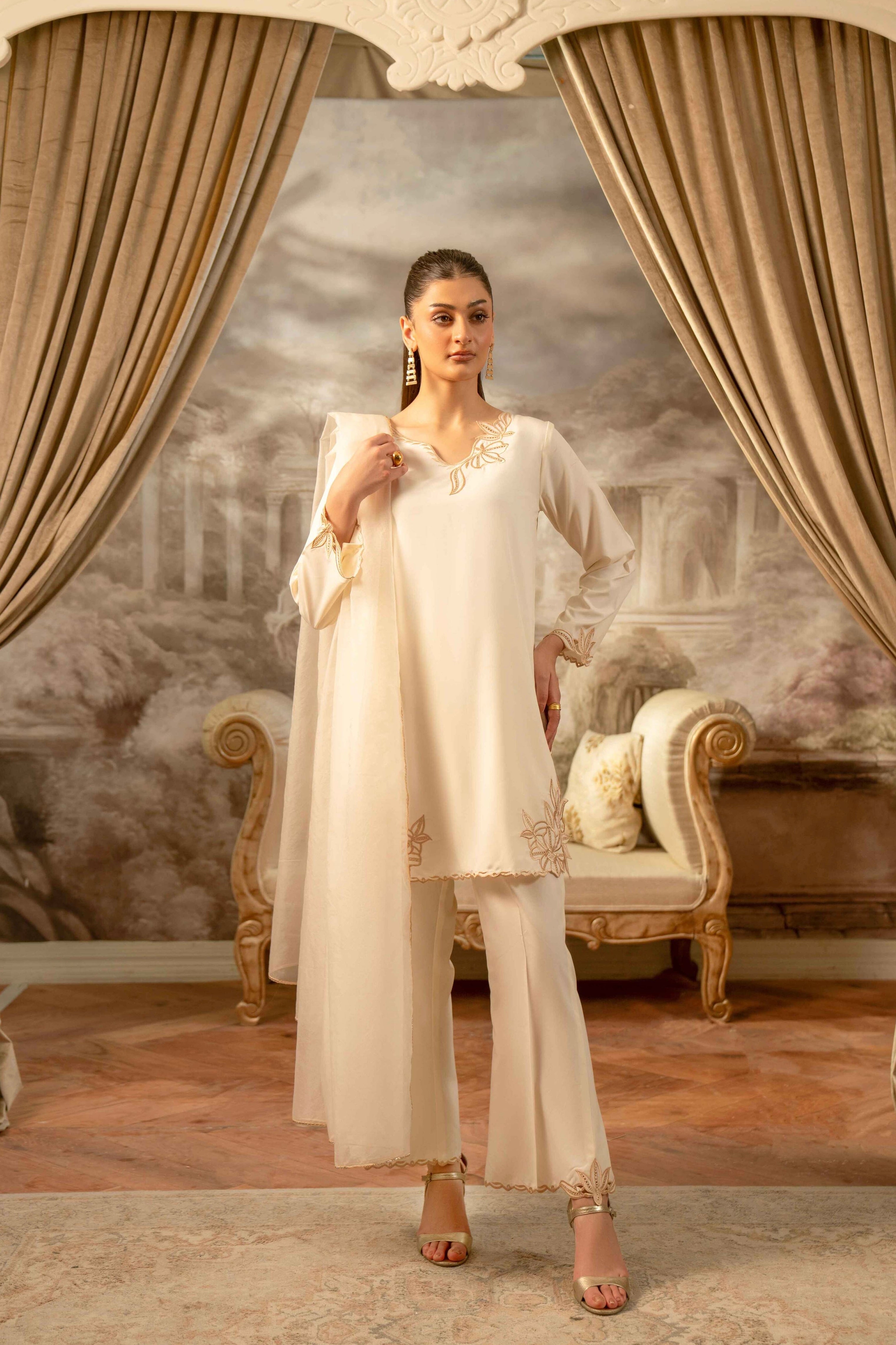 CREAM BOSKI SILK CUTWORK EMBROIDERED 3-PC SET