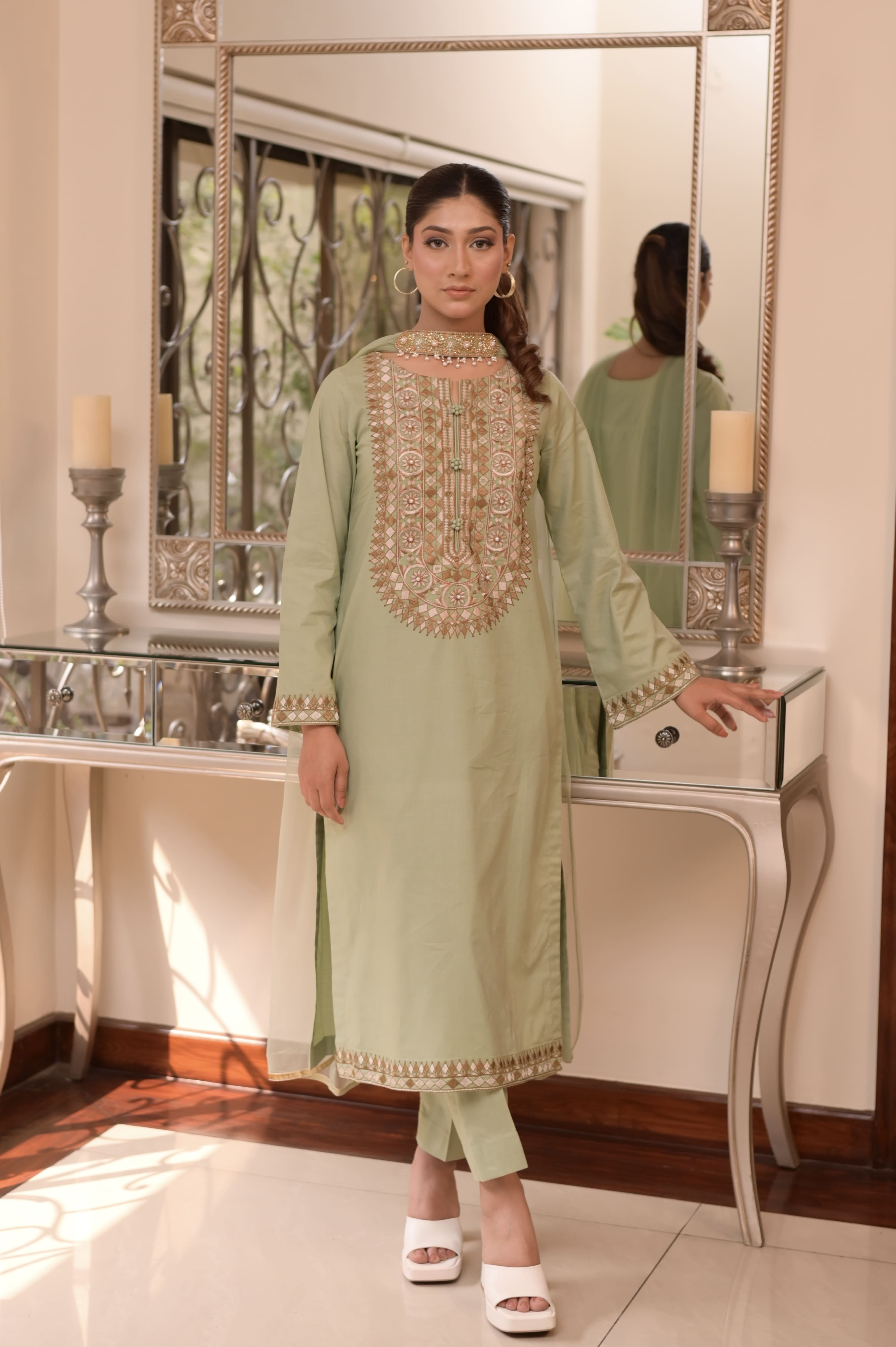 PISTACHIO EMBROIDERED COTTON 3-PC SET